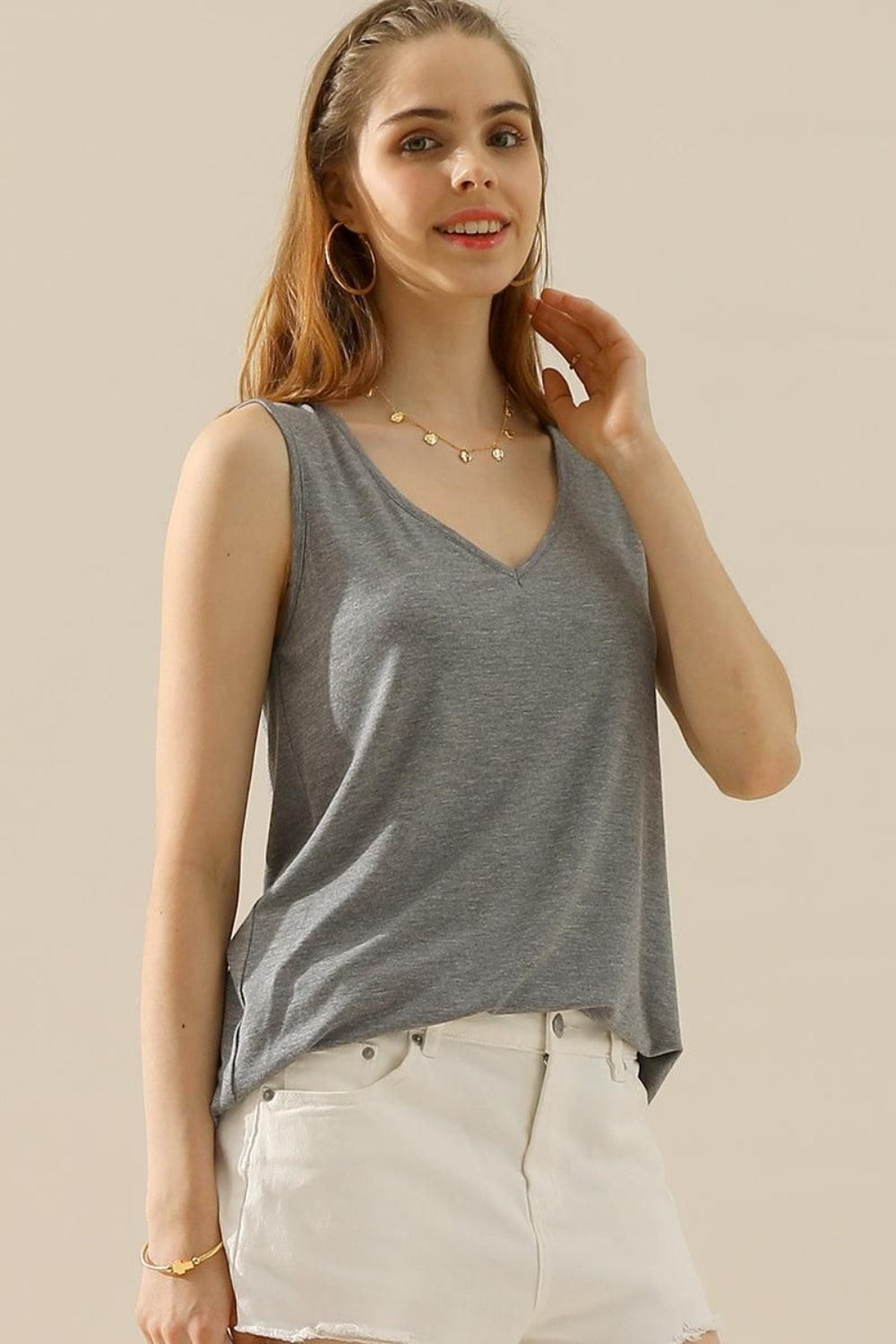 Honeybee Mumford's Full Size V-Neck Curved Hem Tank