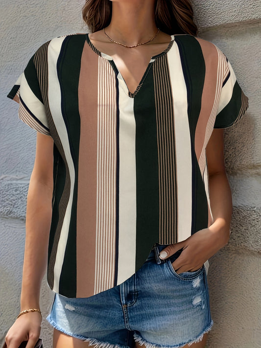 Honeybee Mumford's Striped Notched Short Sleeve Blouse