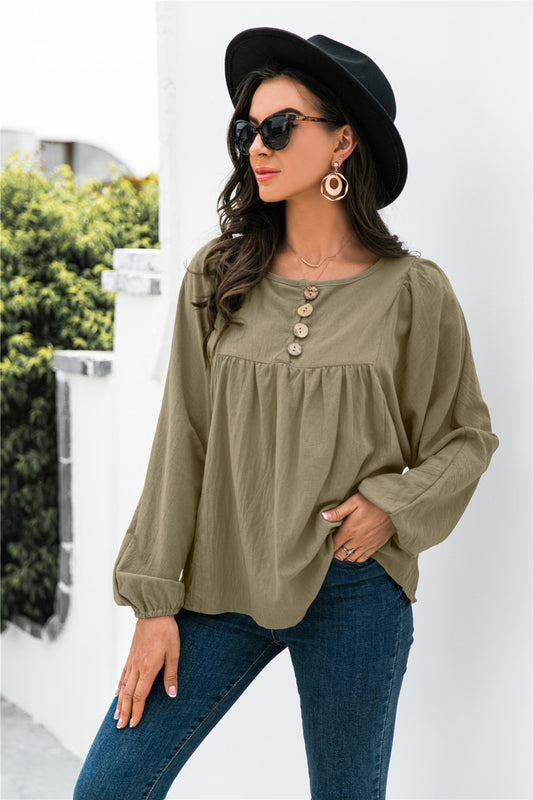 Honeybee Mumford's Button Up Blouse w/Balloon Sleeve in Black, Red and Army Green