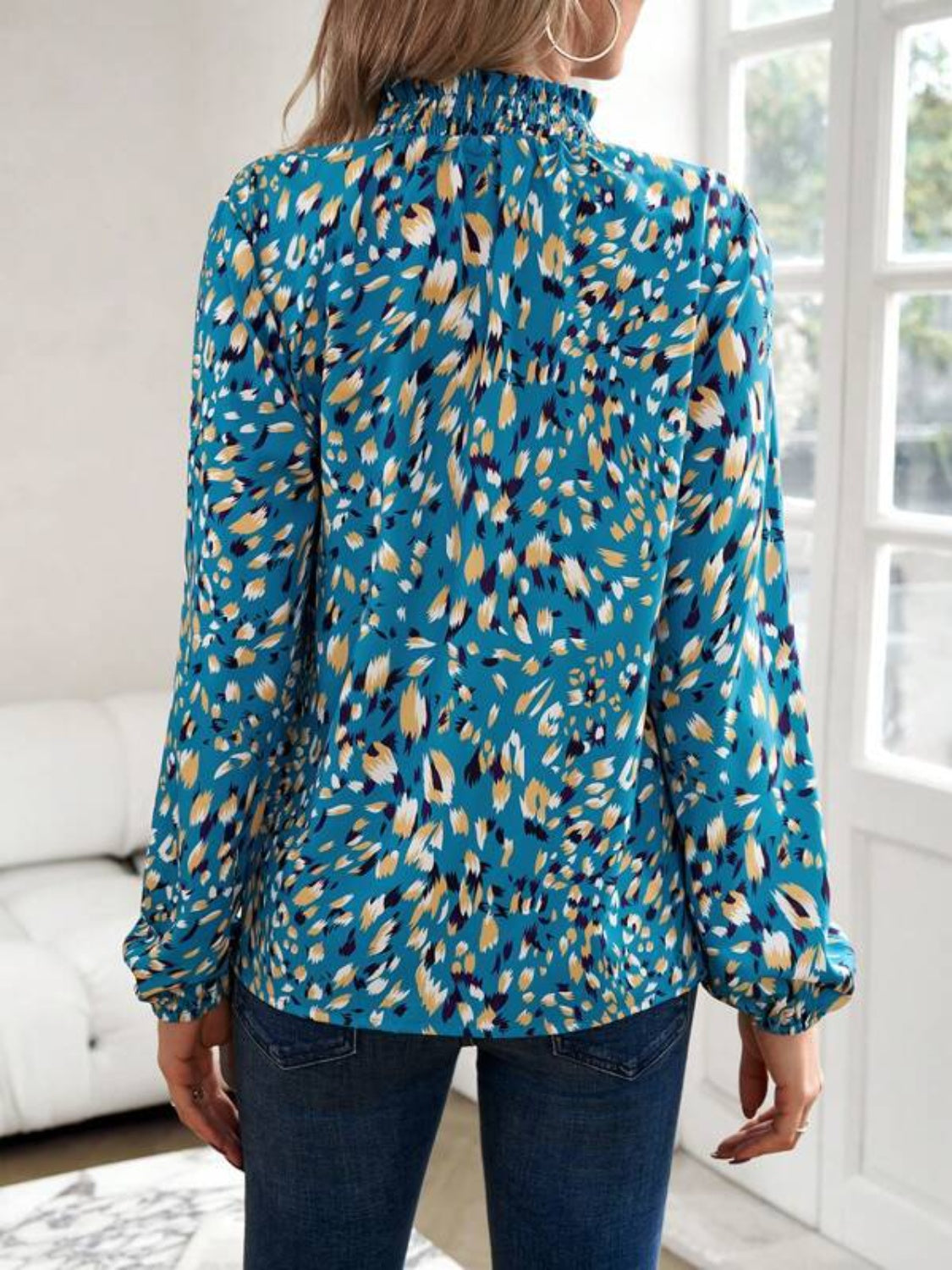 Honeybee Mumford's Cutout Printed Mock Neck Balloon Sleeve Blouse