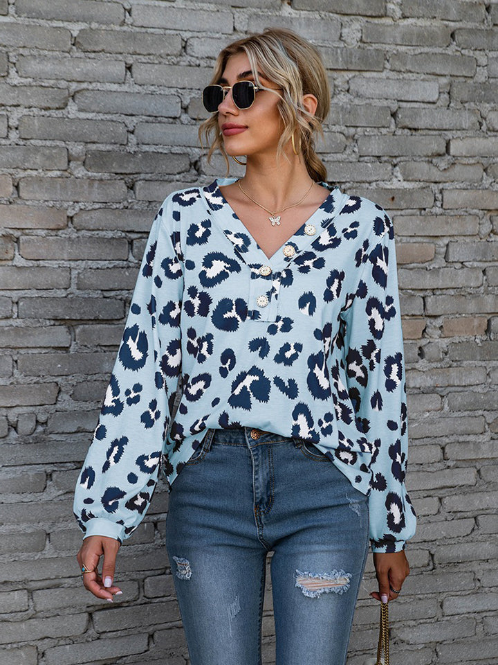 Honeybee Mumford's Leopard V-Neck Decorative Button Long Sleeve Blouse