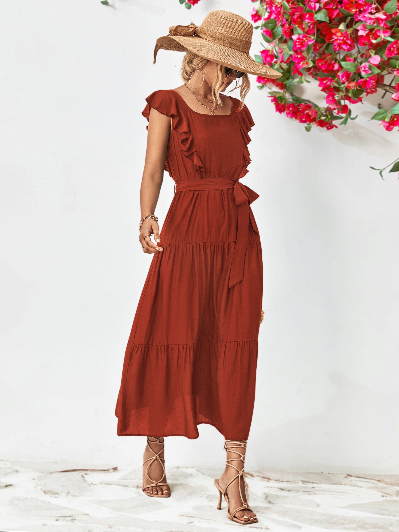 Honeybee Mumford's Tie Belt Ruffled Tiered Dress