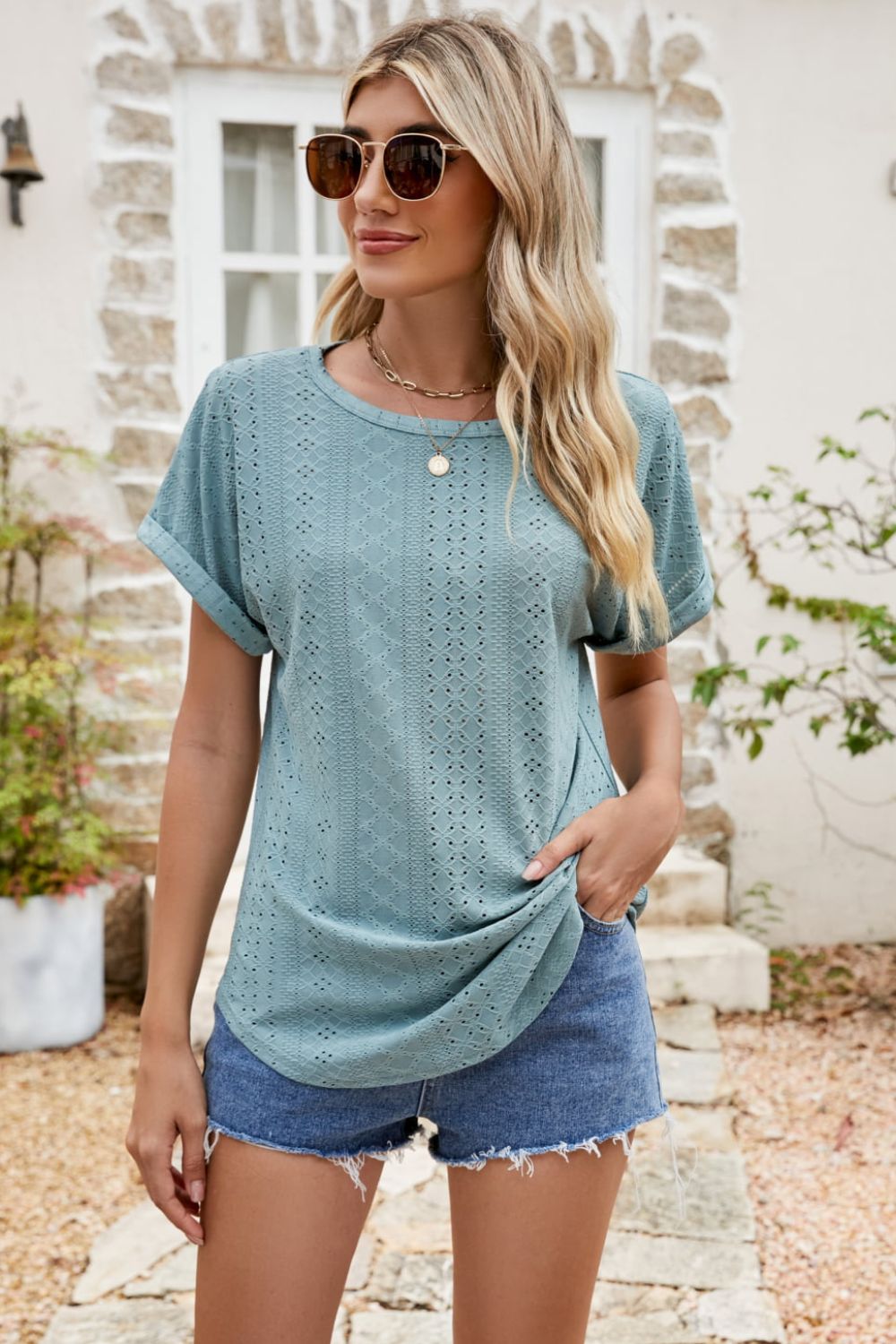 Honeybee Mumford's Full Size Round Neck Eyelet Short Sleeve Top