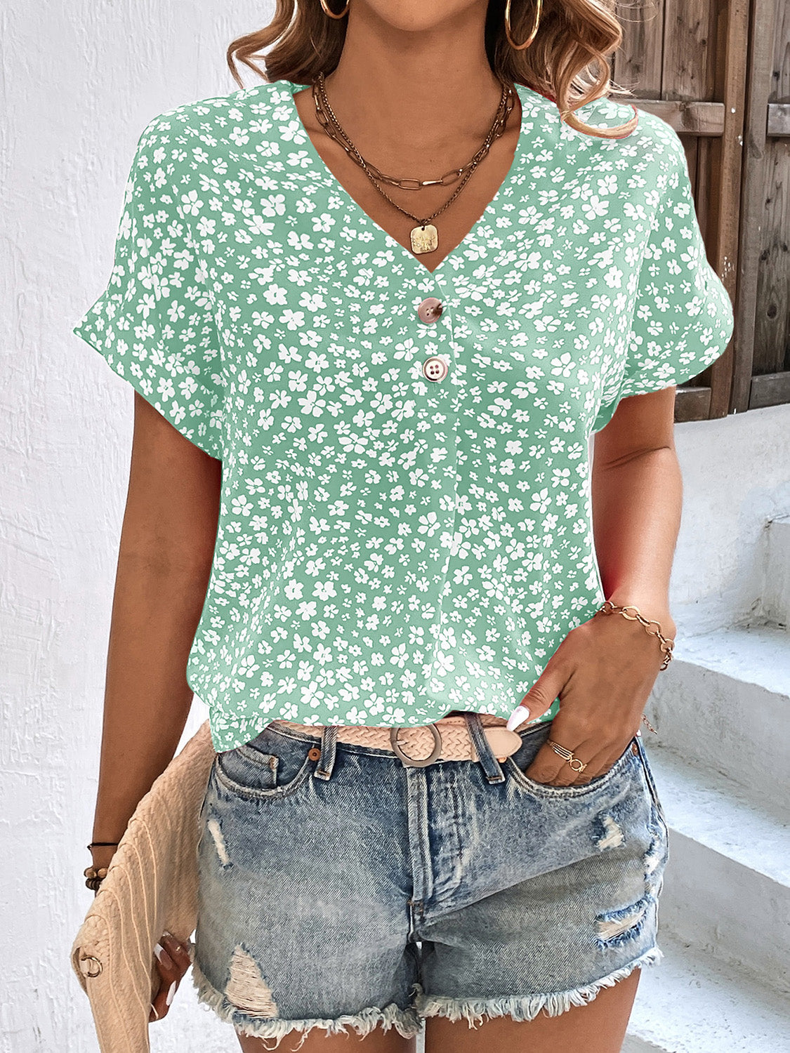 Honeybee Mumford's Printed V-Neck Short Sleeve Blouse