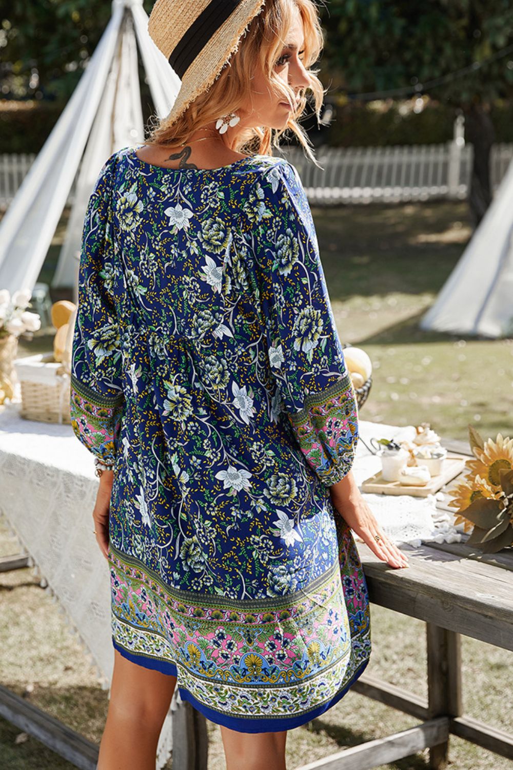 Honeybee Mumford's Bohemian Floral Tie Neck Balloon Sleeve Dress