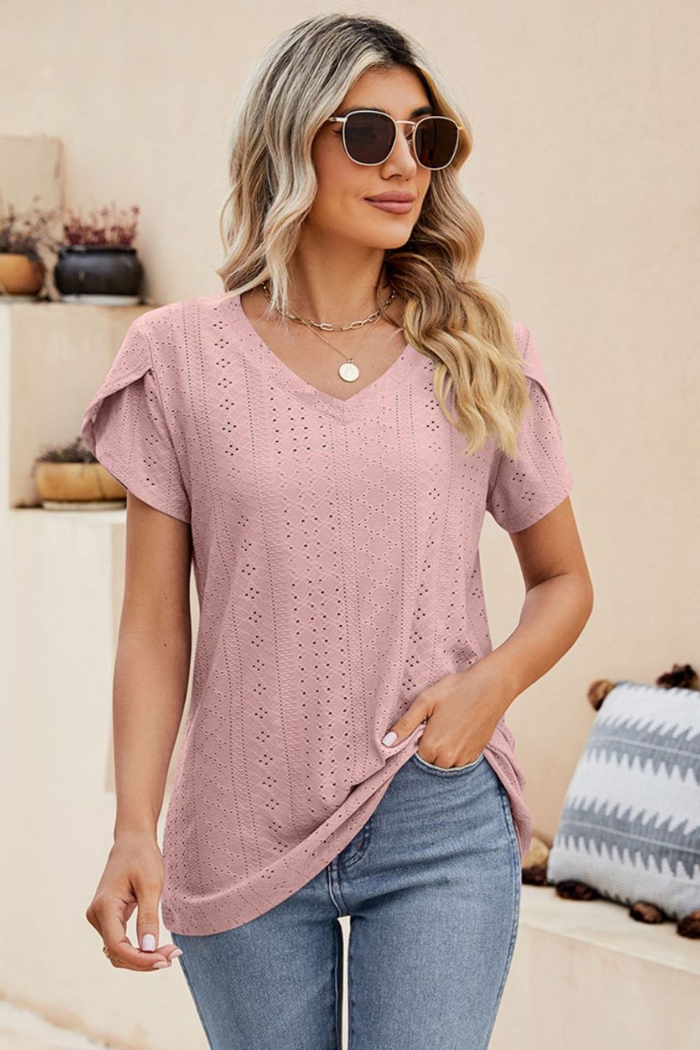 Honeybee Mumford's Eyelet Petal Sleeve V-Neck Knit Top