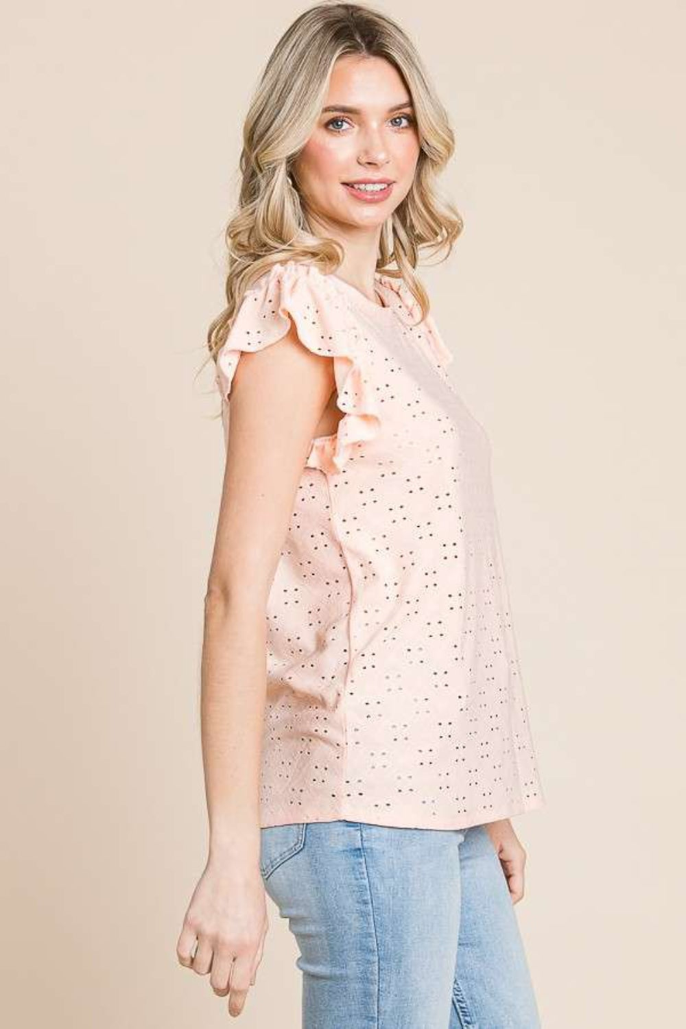 Honeybee Mumford's Culture Code Eyelet Round Neck Ruffled Cap Sleeve Top