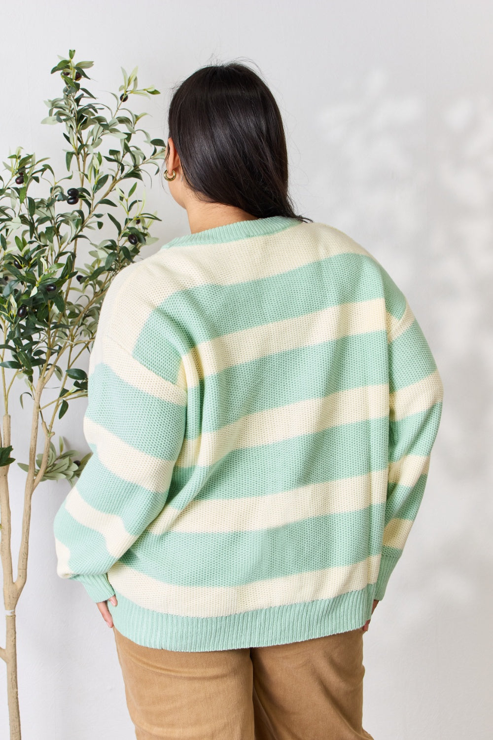 Honeybee Mumford's Sew In Love Full Size Contrast Striped Round Neck Sweater