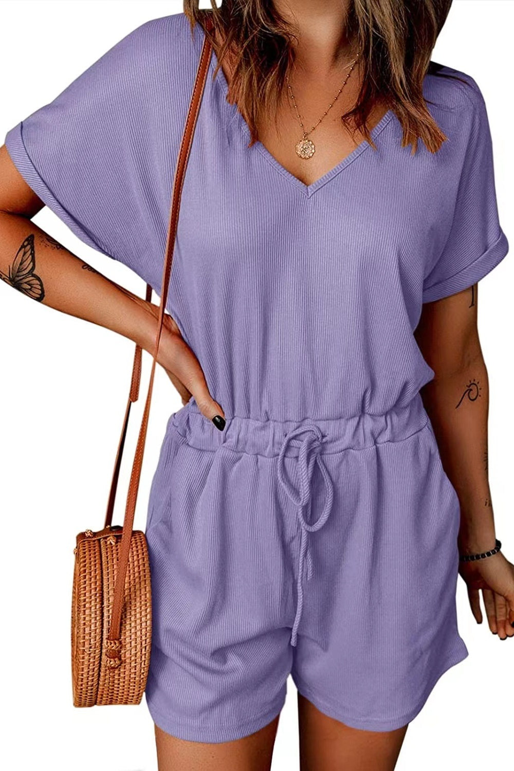 Honeybee Mumford's Full Size Drawstring V-Neck Short Sleeve Romper