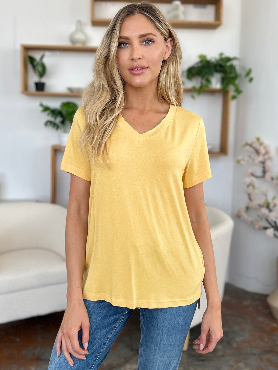 Honeybee Mumford's V-Neck High-Low T-Shirt (Yellow, Coral pink,Black and more)