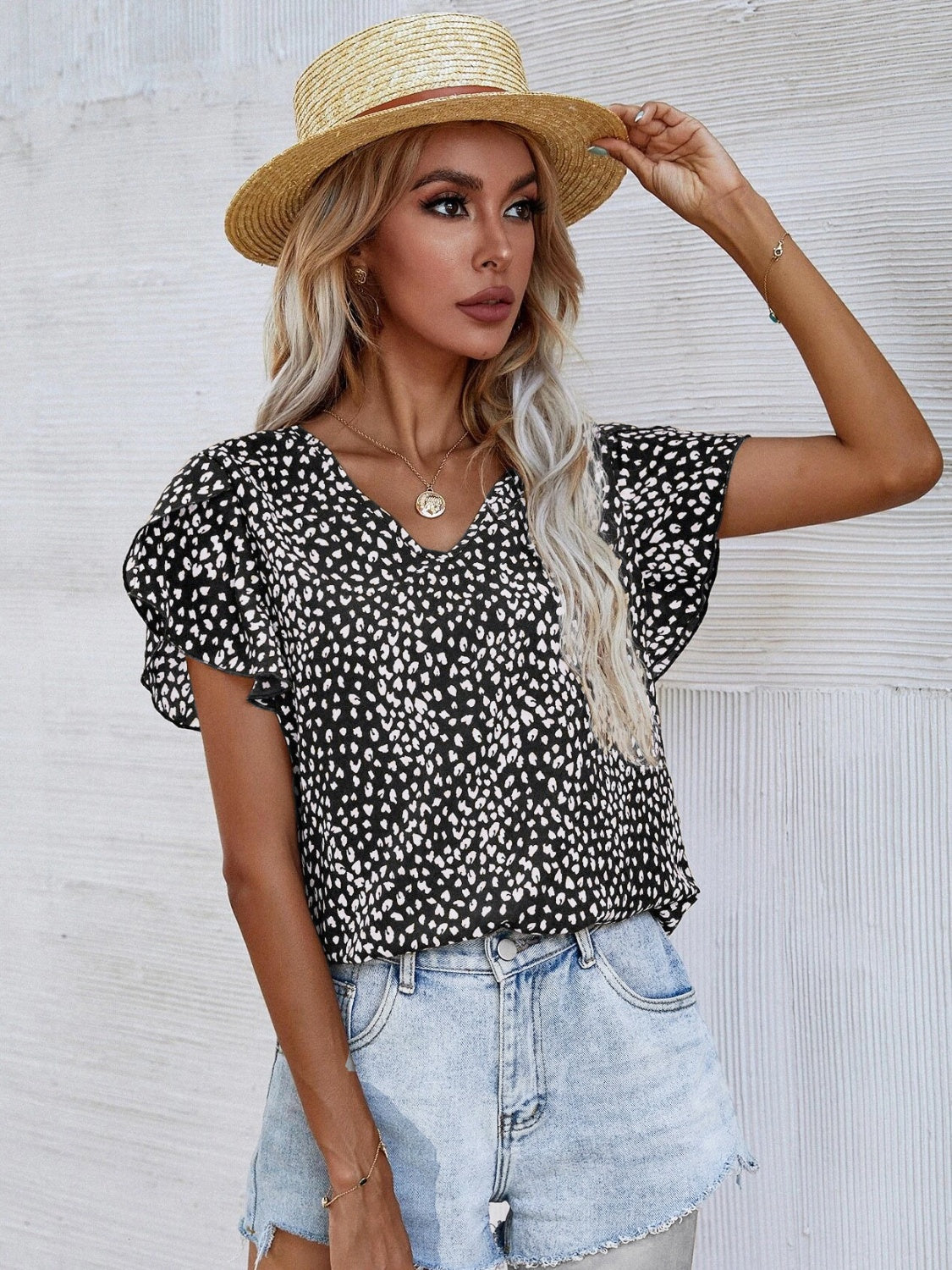 Honeybee Mumford's Printed V-Neck Petal Sleeve Blouse