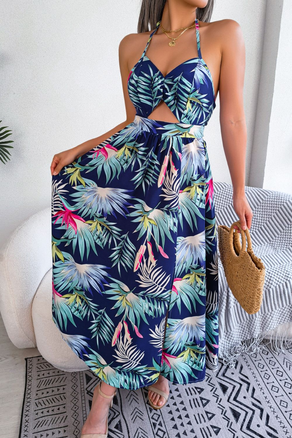 Honeybee Mumford's Botanical Tied Backless Cutout Maxi Dress