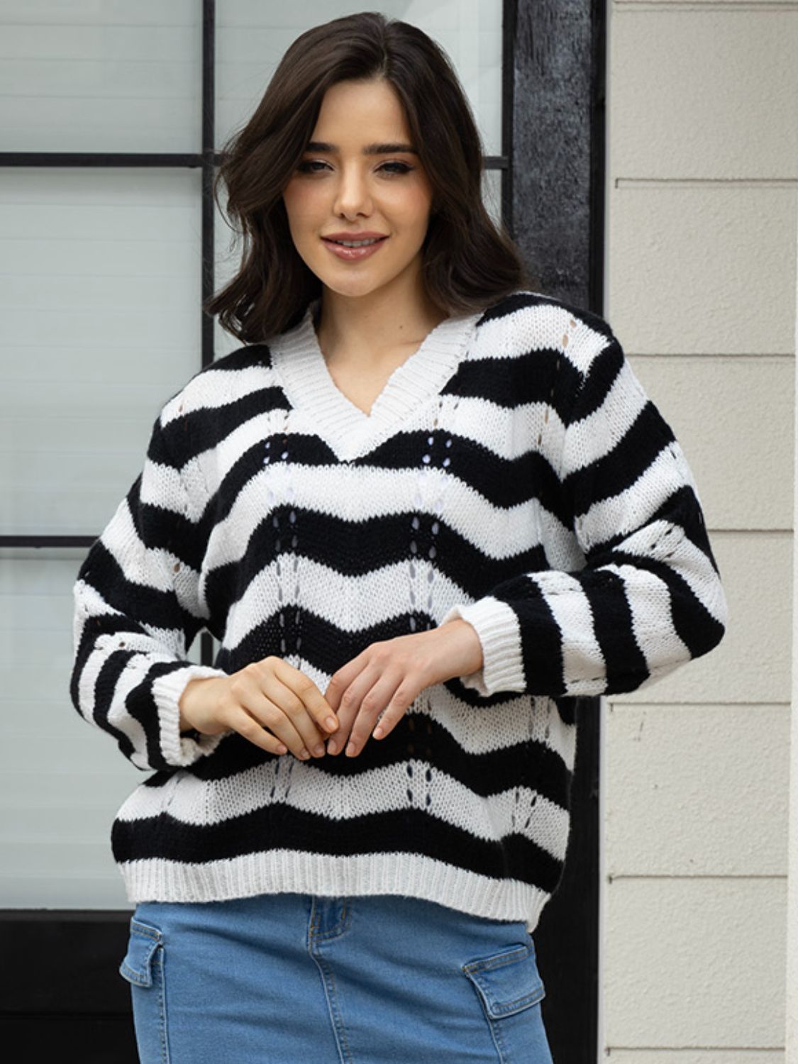 Honeybee Mumford's Openwork Striped V-Neck Sweater