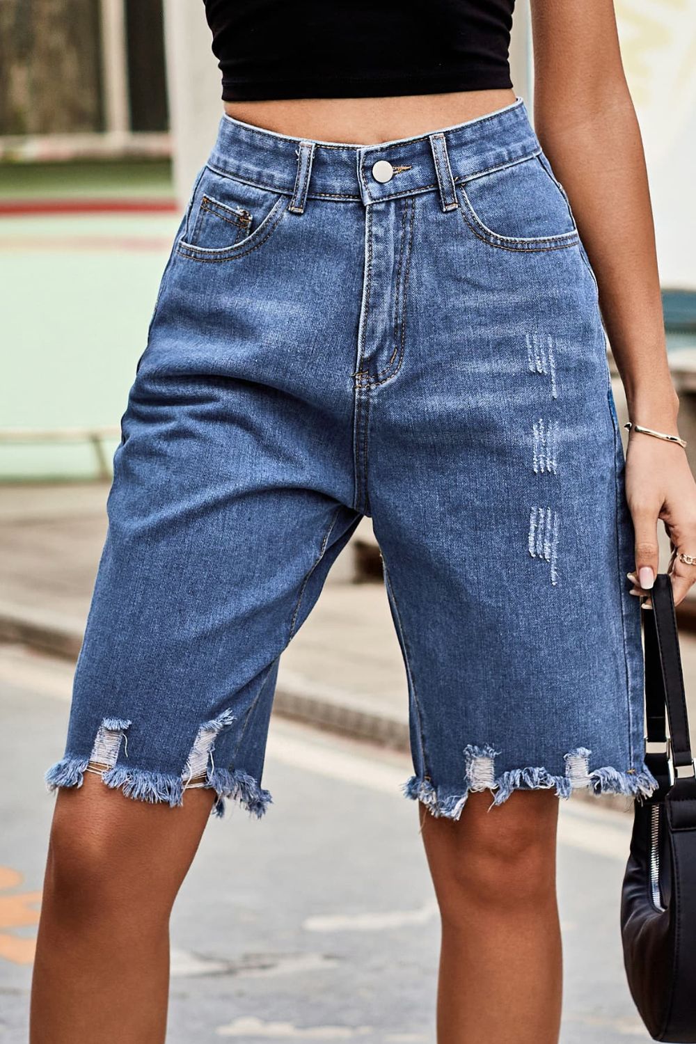 Honeybee Mumford's Raw Hem High Waist Denim Shorts with Pockets