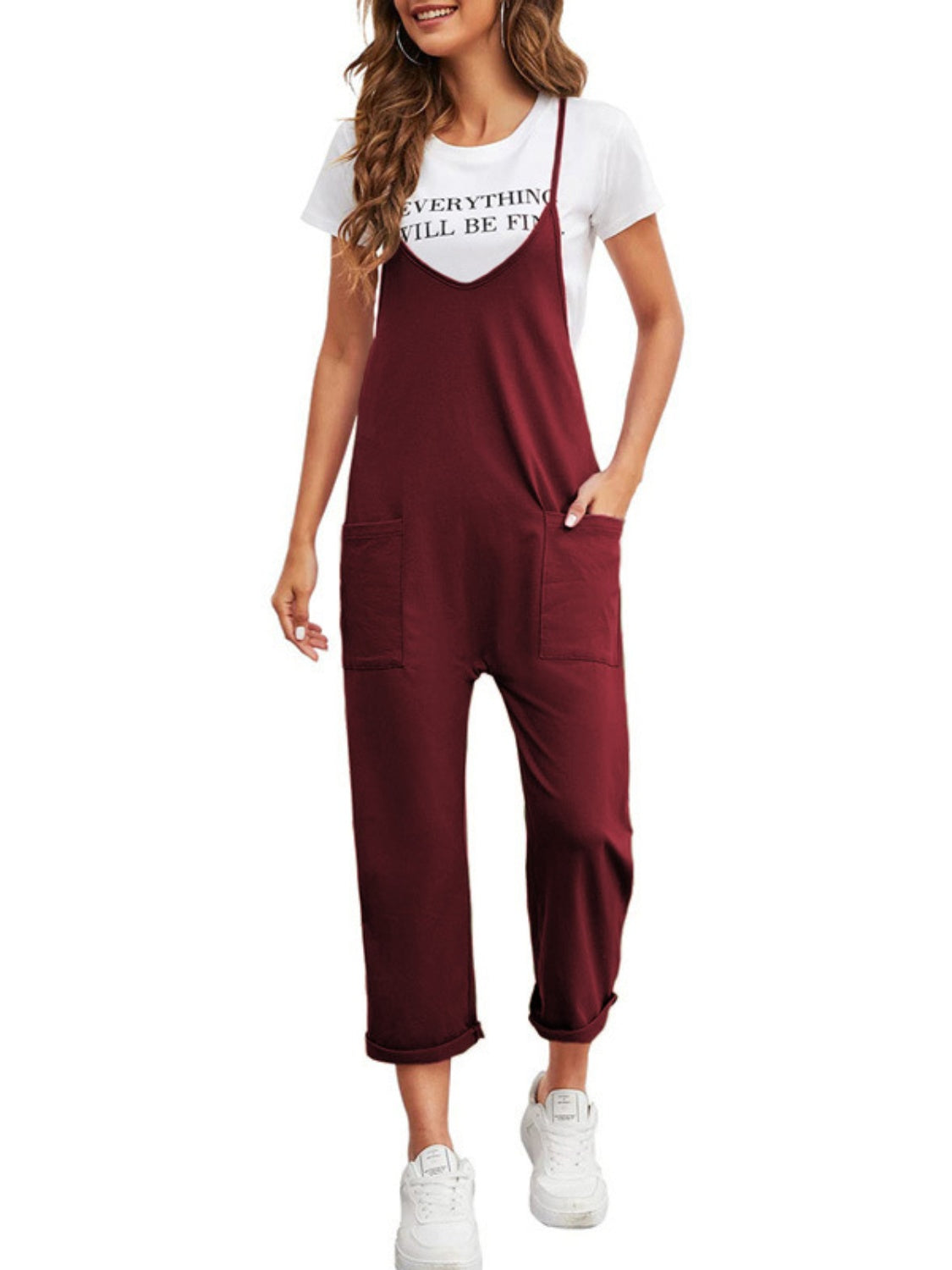 Honeybee Mumford's Full Size Spaghetti Strap Straight Leg Jumpsuit with Pockets