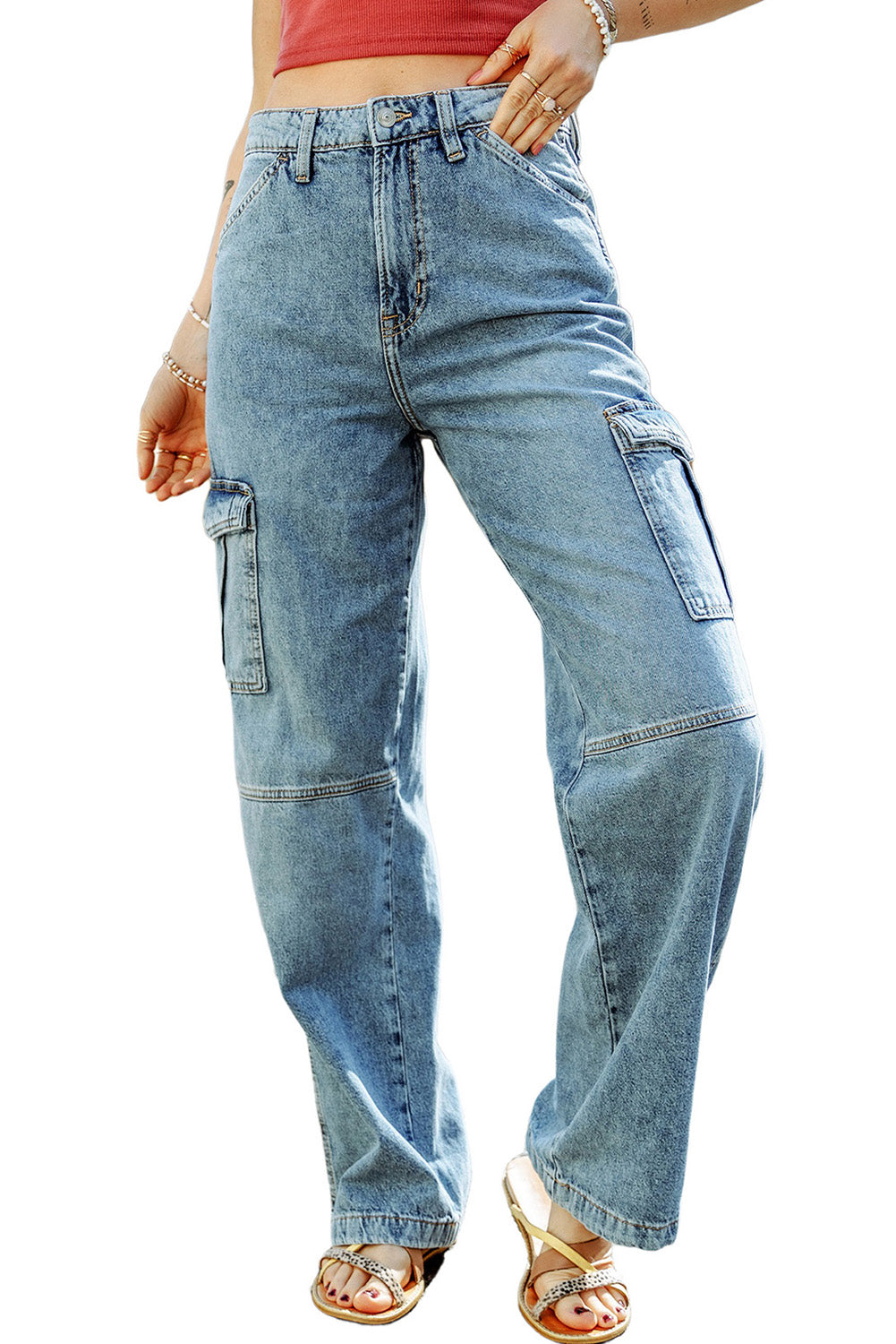 Honeybee Mumford's Sky Blue Cool Cargo Style Wide Leg Jeans