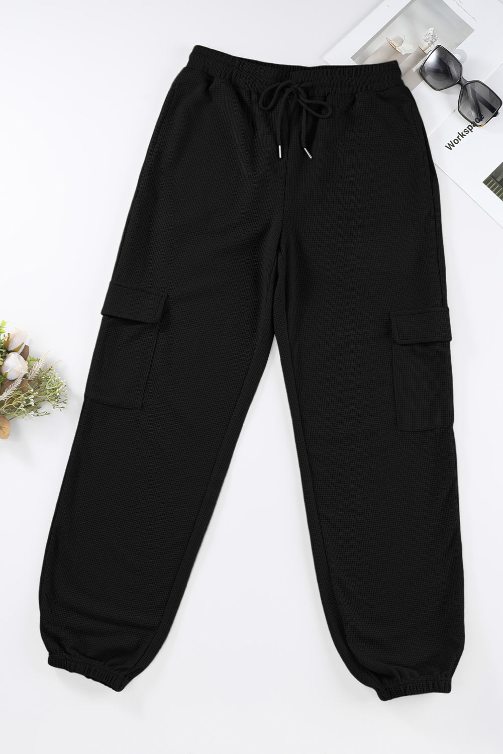 honeybee Mumford's Black Waffle Texture Cargo Pocket Jogger Pants