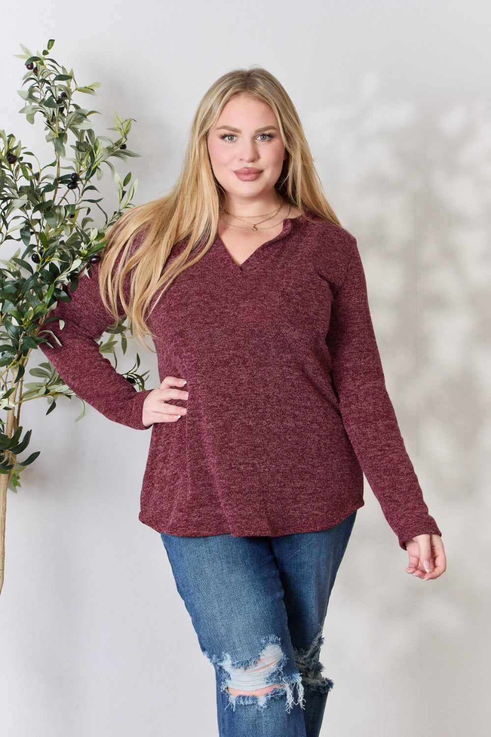 Honeybee Mumford's Heimish Full Size Notched Long Sleeve Top