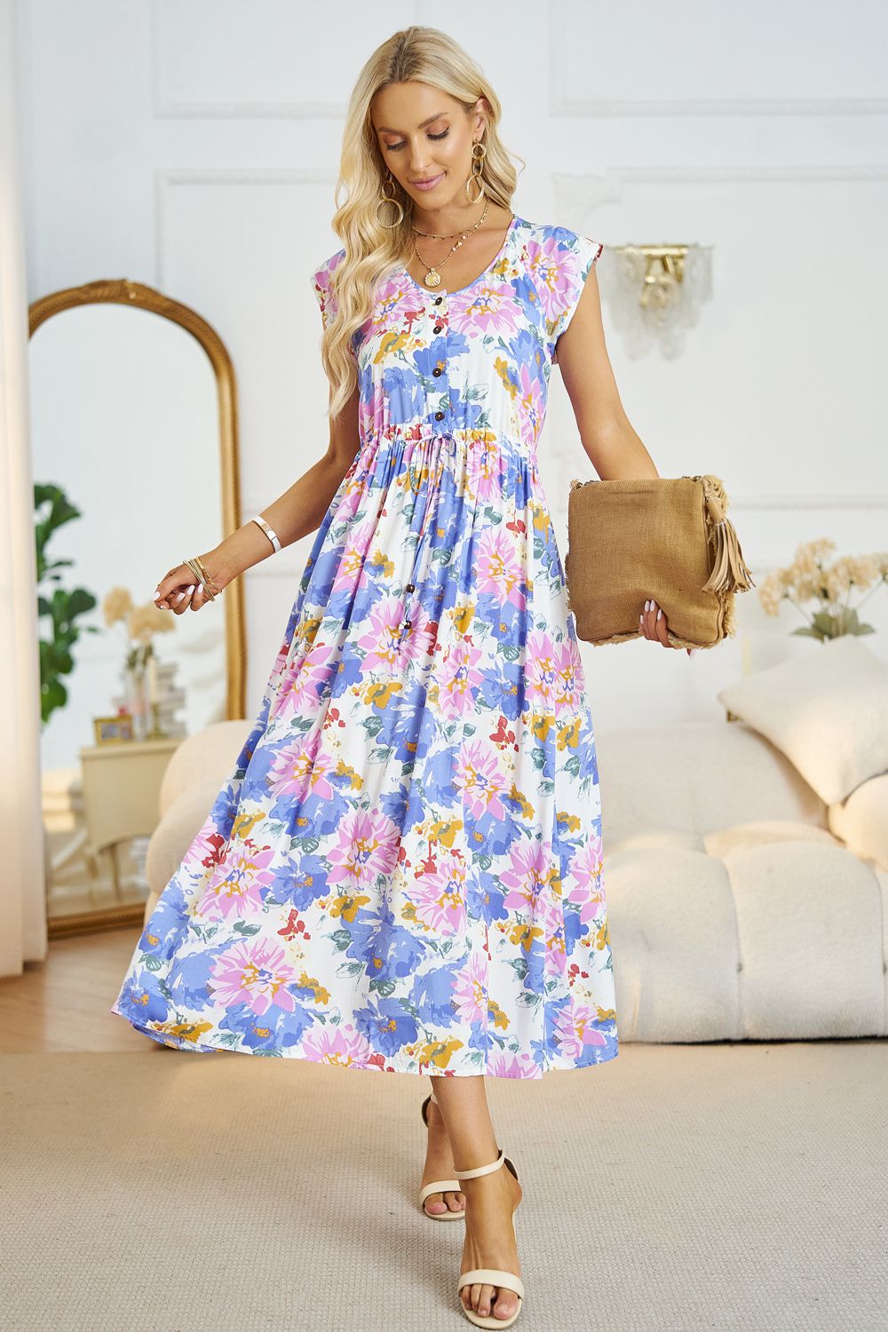 Honeybee Mumford's Floral V-Neck A-Line Midi Dress