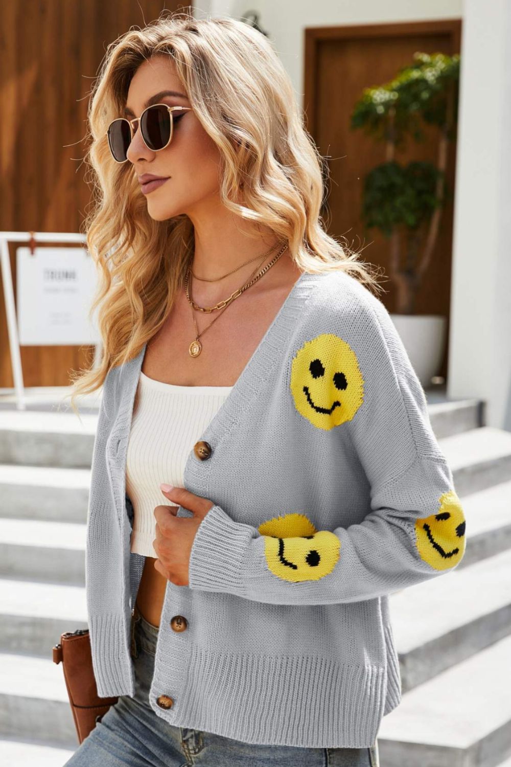 Honeybee Mumford's Smiley Face Ribbed Trim V-Neck Cardigan