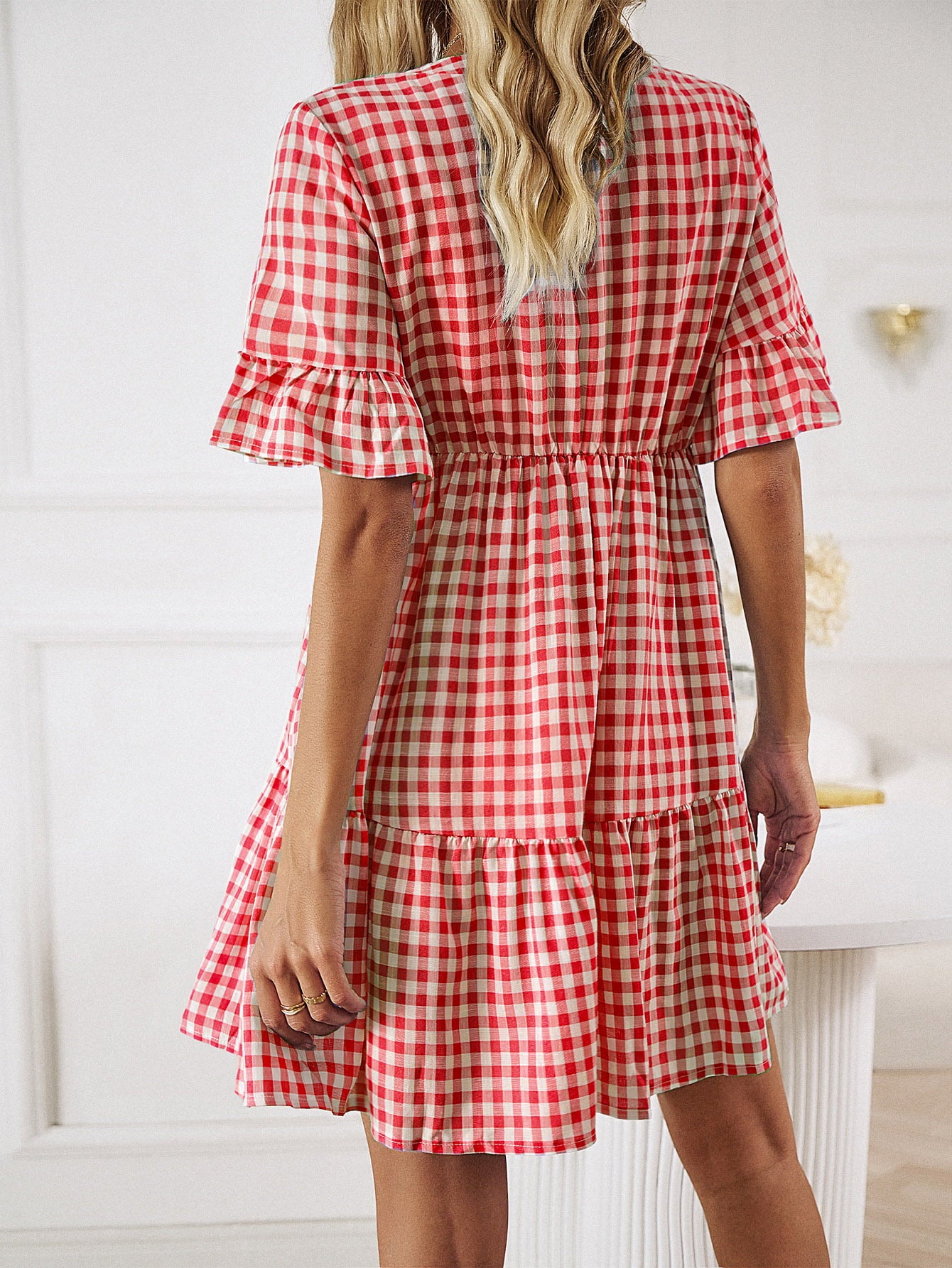 Honeybee Mumford's Plaid Flounce Sleeve Buttoned Mini/ short Dress