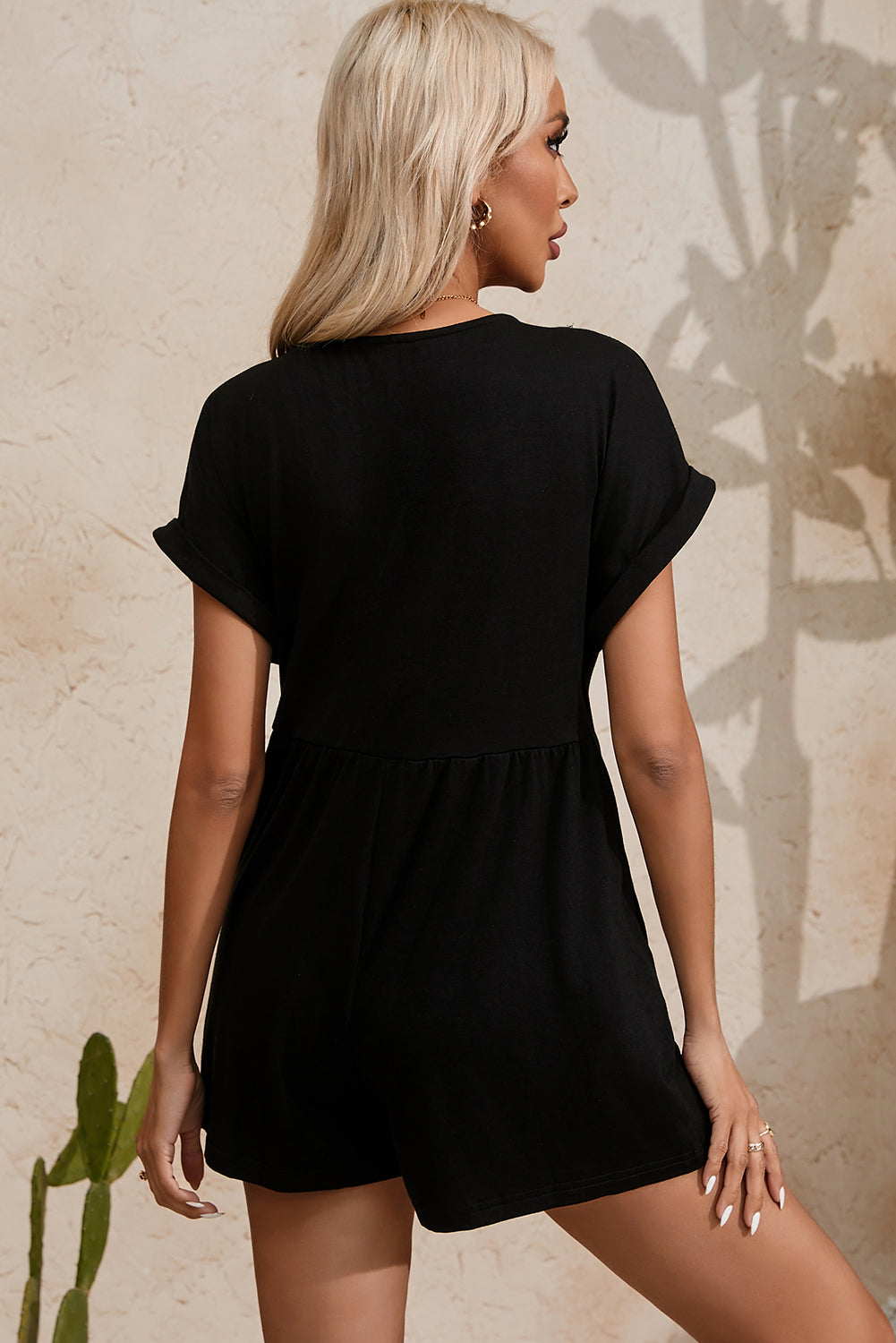 Honeybee Mumford's Black V Neck Buttons Loose Cuffed Short Sleeve Romper