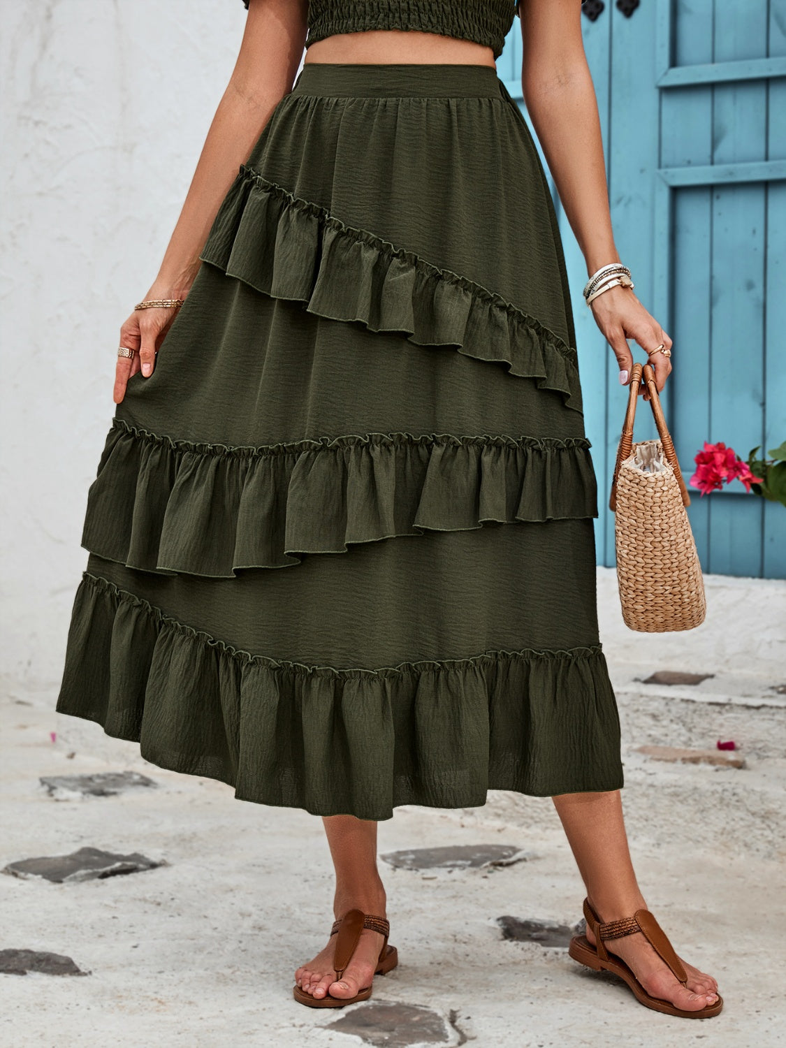 Honeybee Mumford's Ruffled Elastic Waist Midi Skirt