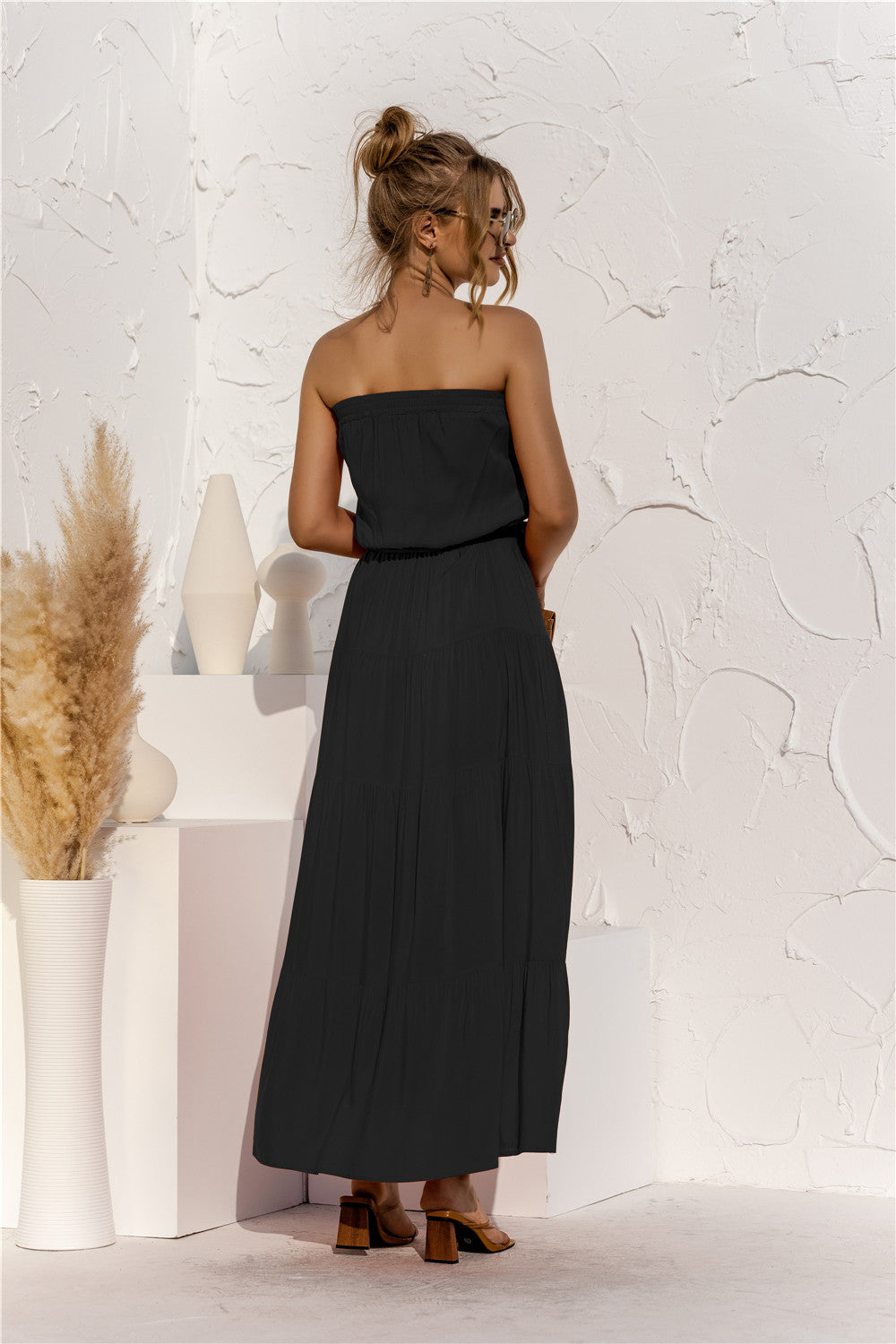 Honeybee Mumford's Strapless Tie Waist Tiered Maxi Dress