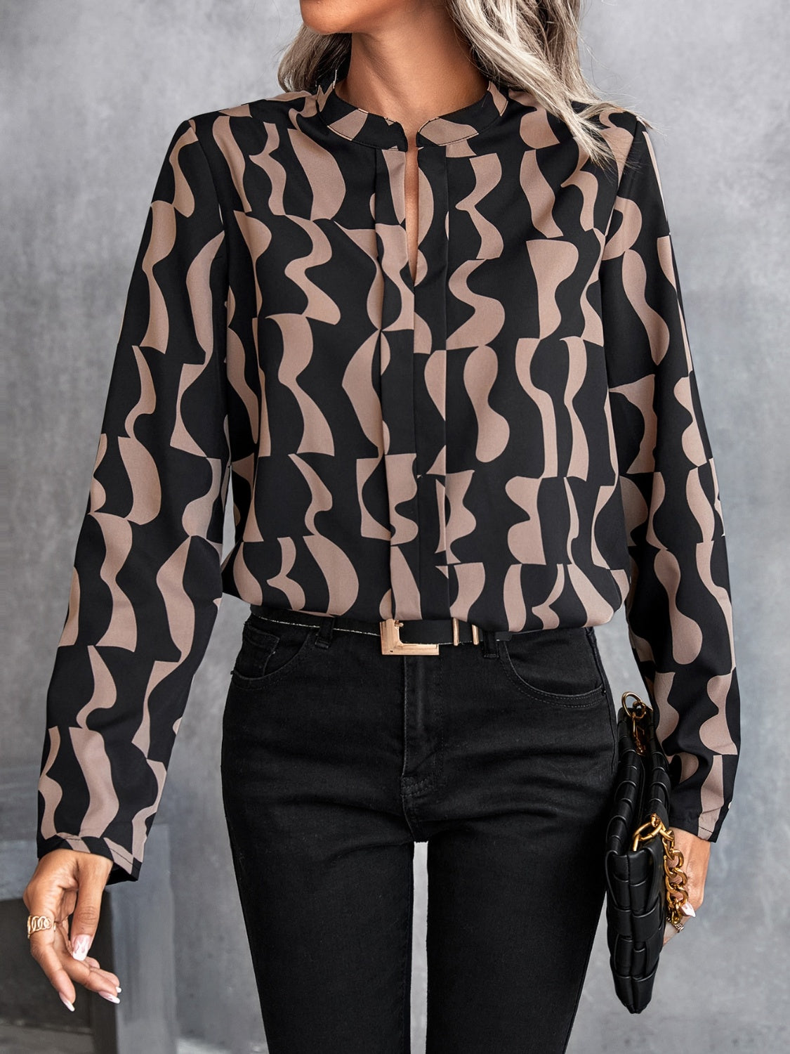 Honeybee Mumford's Printed Notched Long Sleeve Blouse