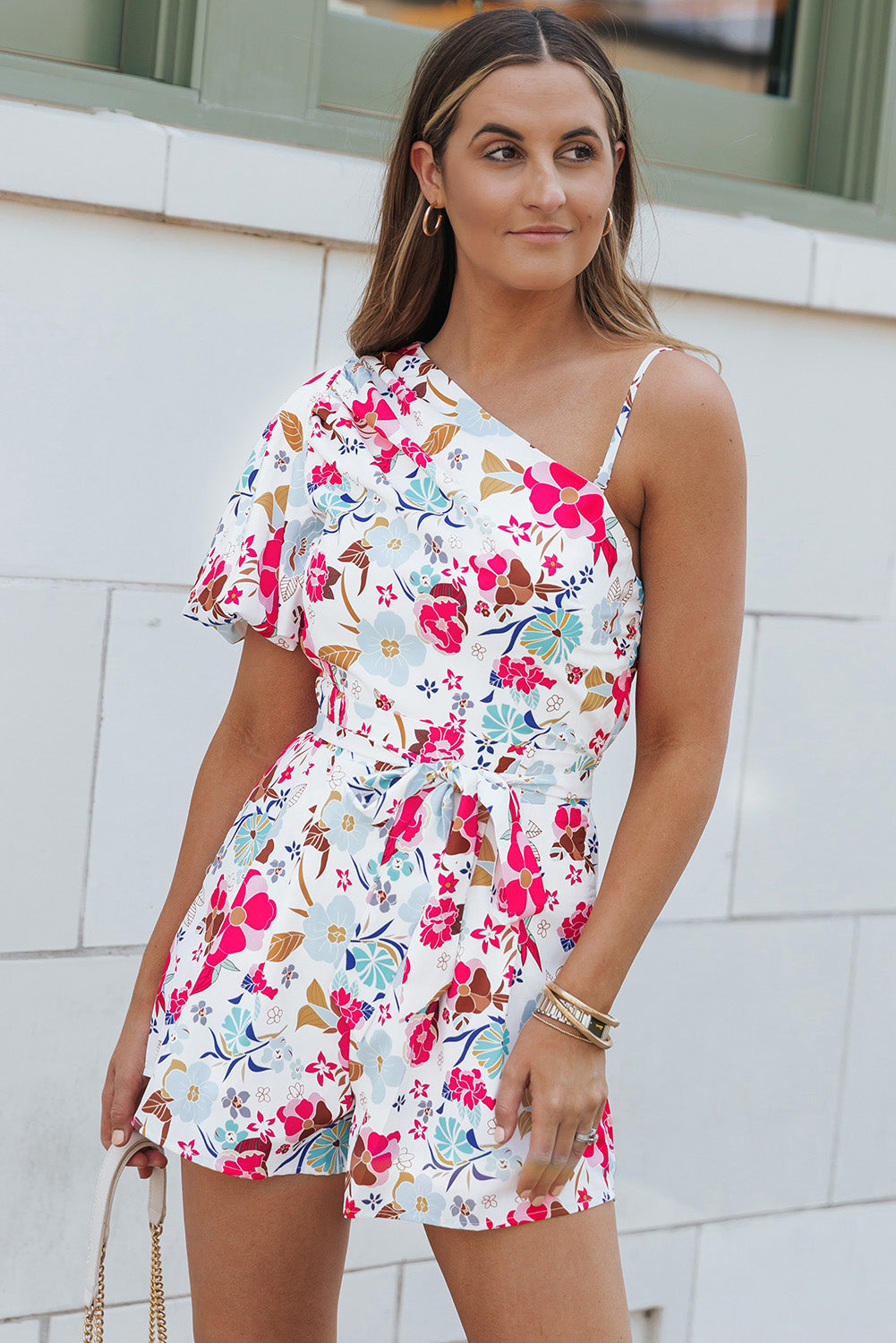 Honeybee Mumford's White Floral Single Bubble Sleeve Slant Shoulder Romper