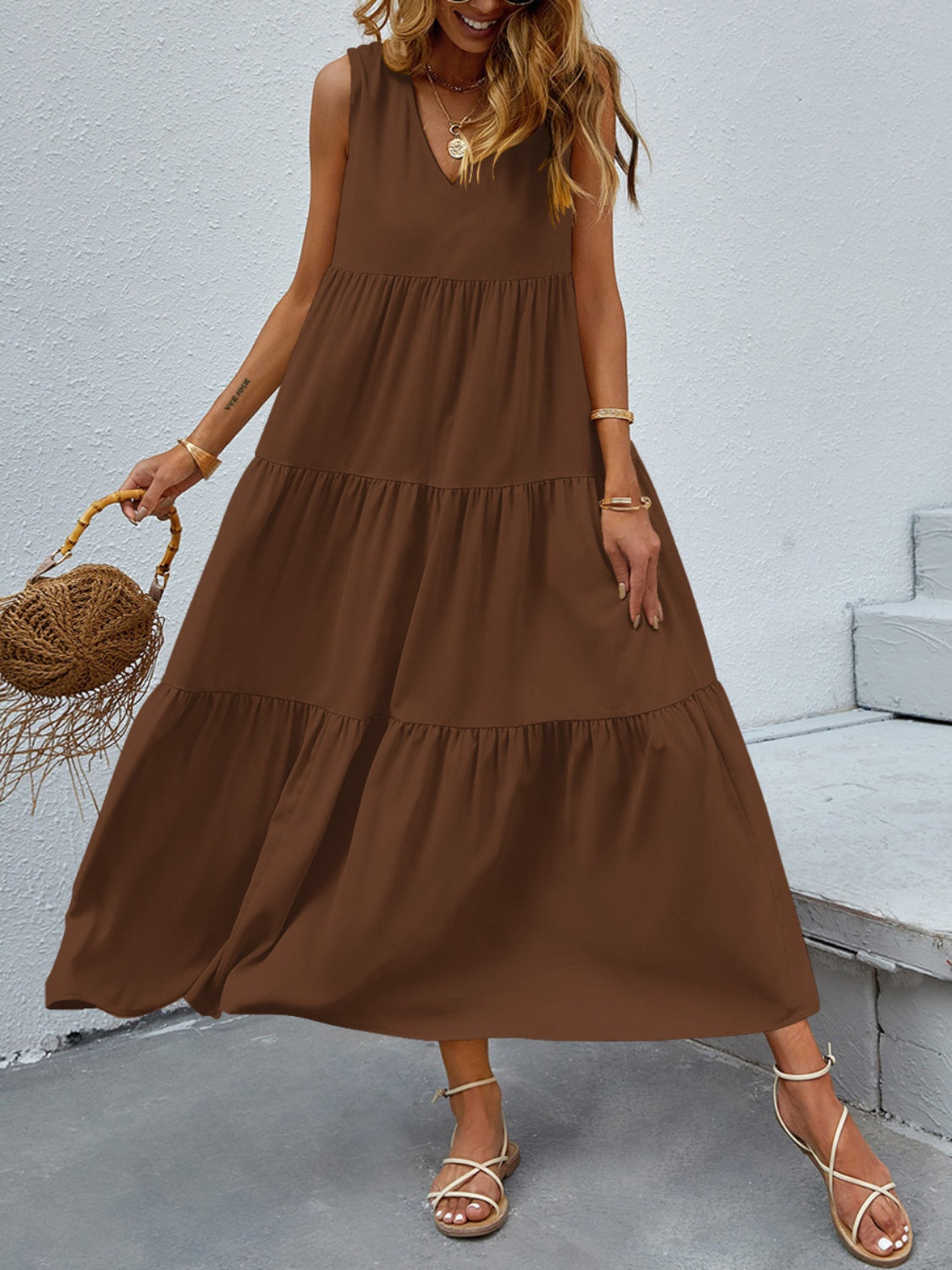 Honeybee Mumford's Tiered V-Neck Sleeve Dress