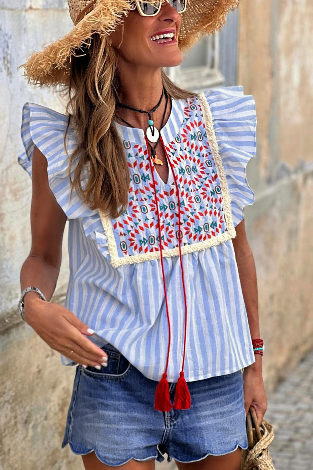 honeybee Mumford's Sky Blue Stripe Geo Pattern Embroidered Tassel Flutter Blouse