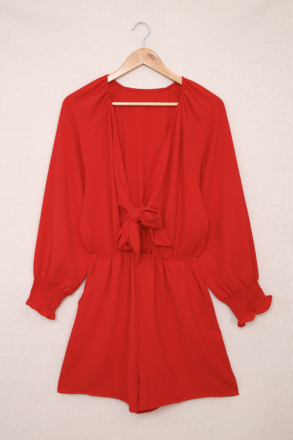 Honeybee Mumford's Fiery Red Tie Knot Puff Long Sleeve Romper