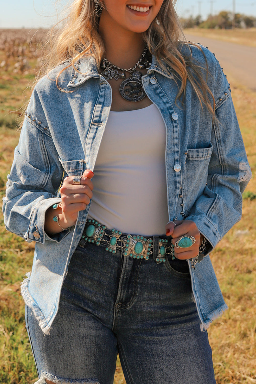 Honeybee Mumford's Sky Blue Studded Acid Wash Denim Jacket