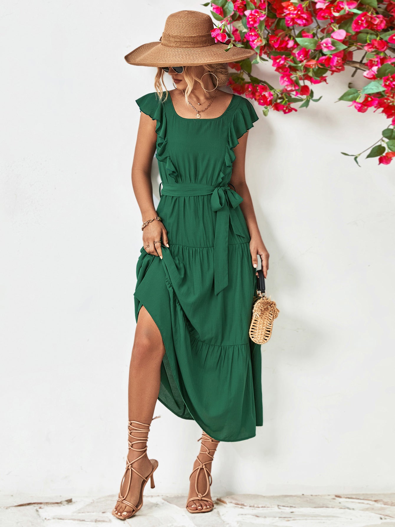 Honeybee Mumford's Tie Belt Ruffled Tiered Dress