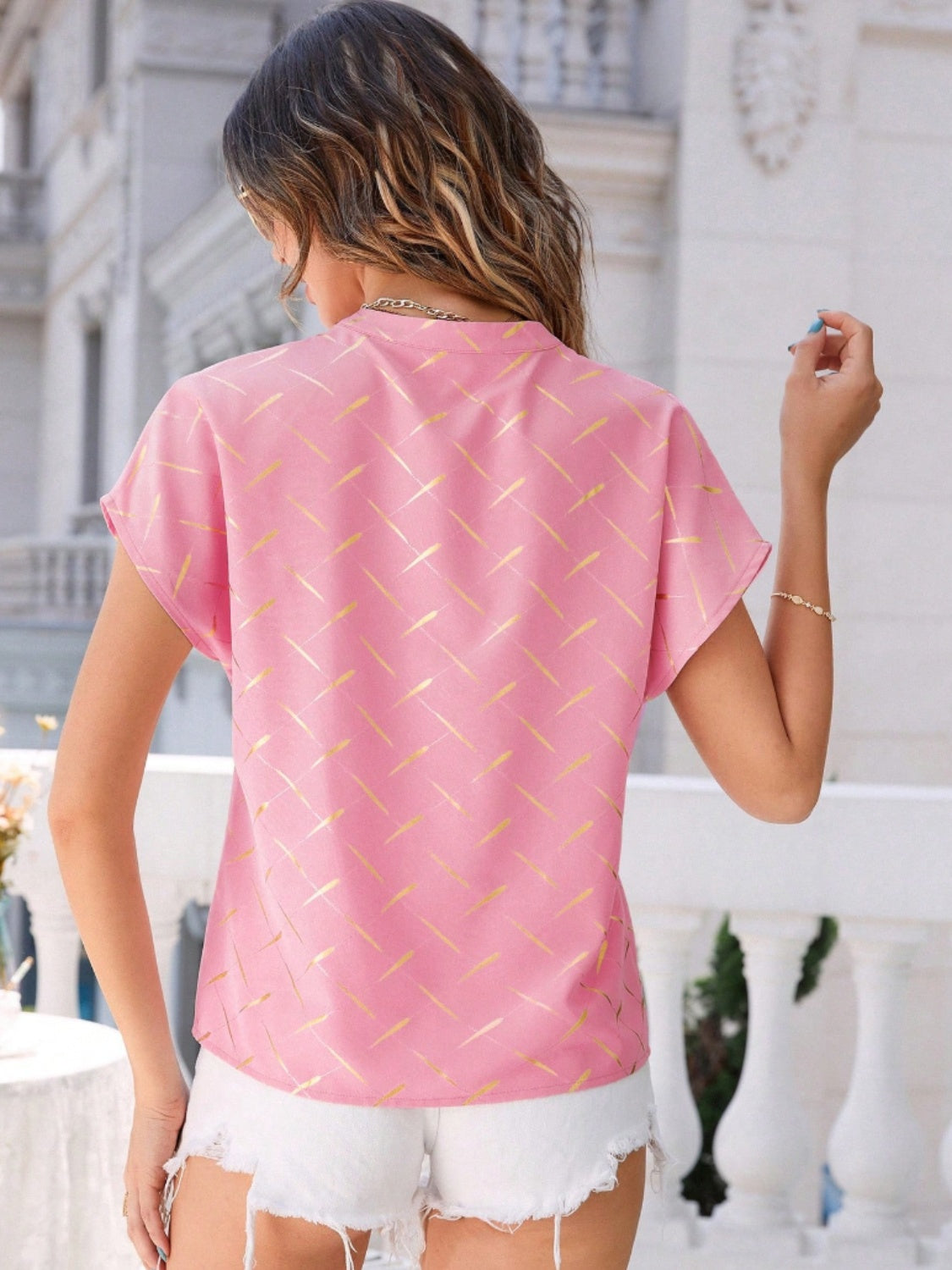 Honeybee Mumford's Printed Notched Short Sleeve Blouse