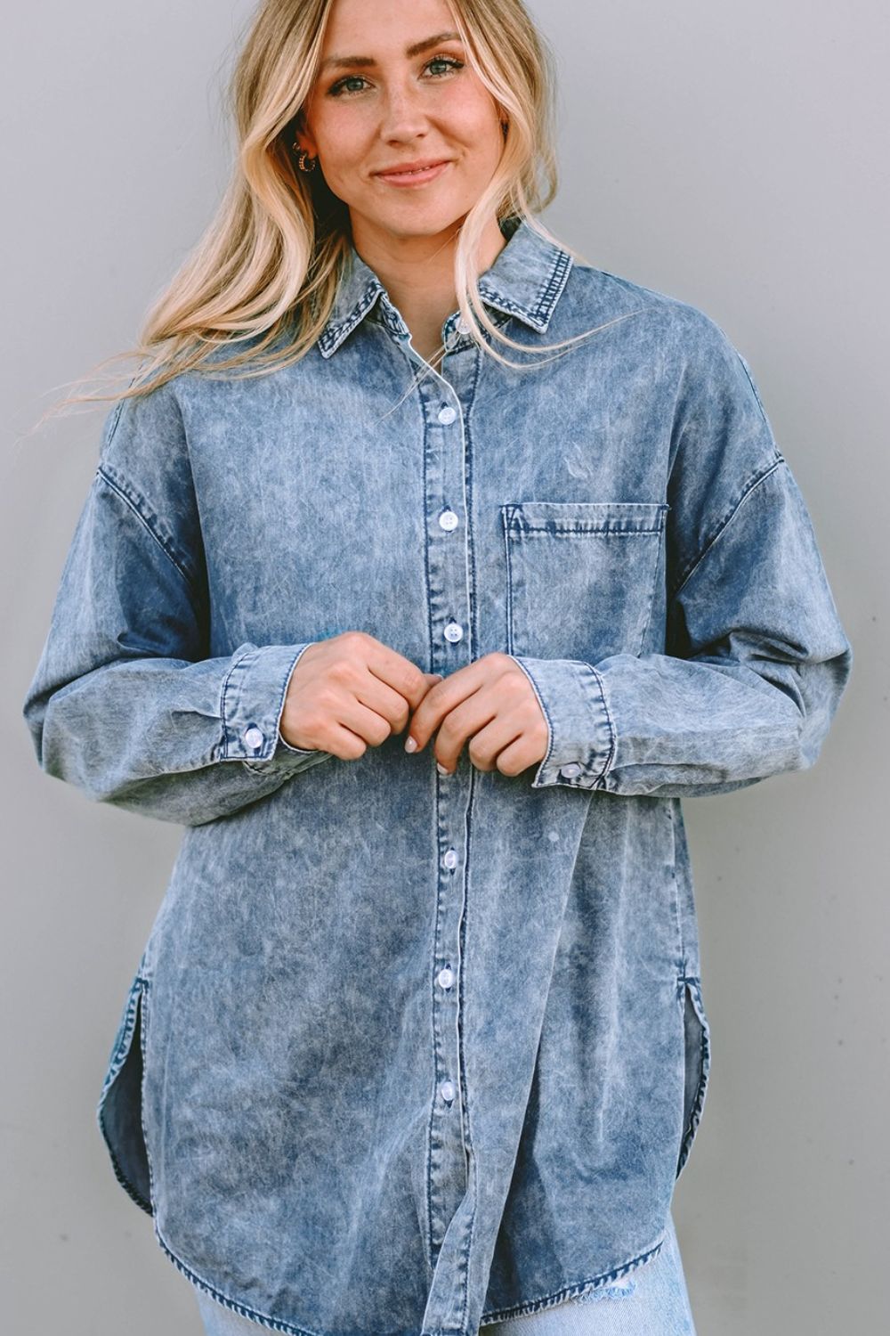 Honeybee Mumford's Button Up Dropped Shoulder Denim Top