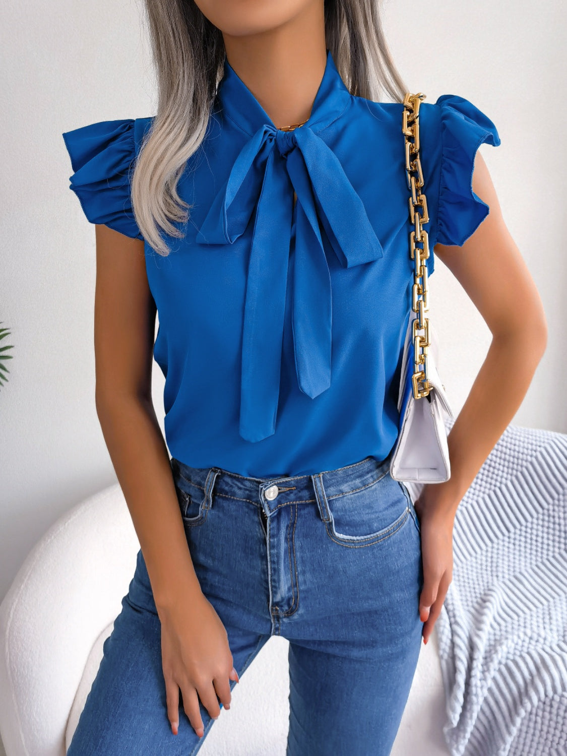 Honeybee Mumford's Tie Neck Cap Sleeve Blouse