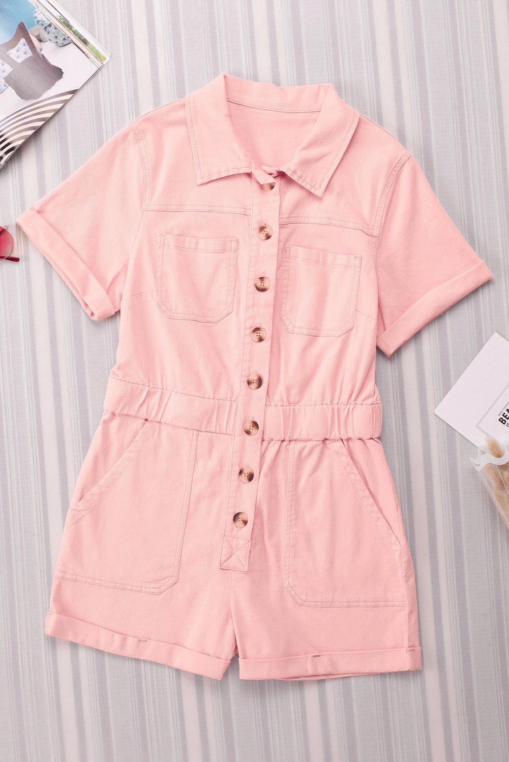 Honeybee Mumford's Pink Pocketed Button Down Denim Romper