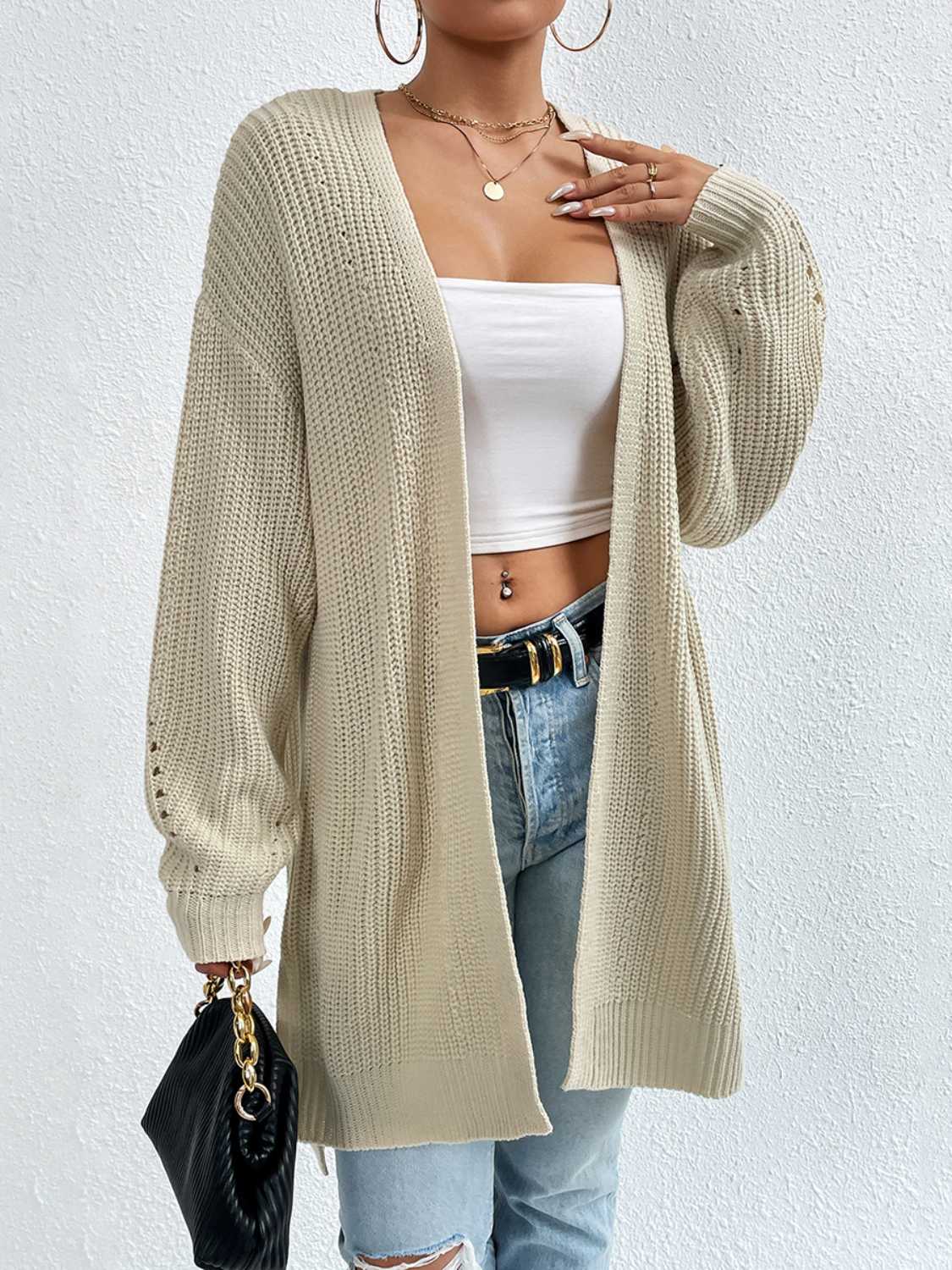 Honeybee Mumford's Open Front Dropped Shoulder Slit Cardigan