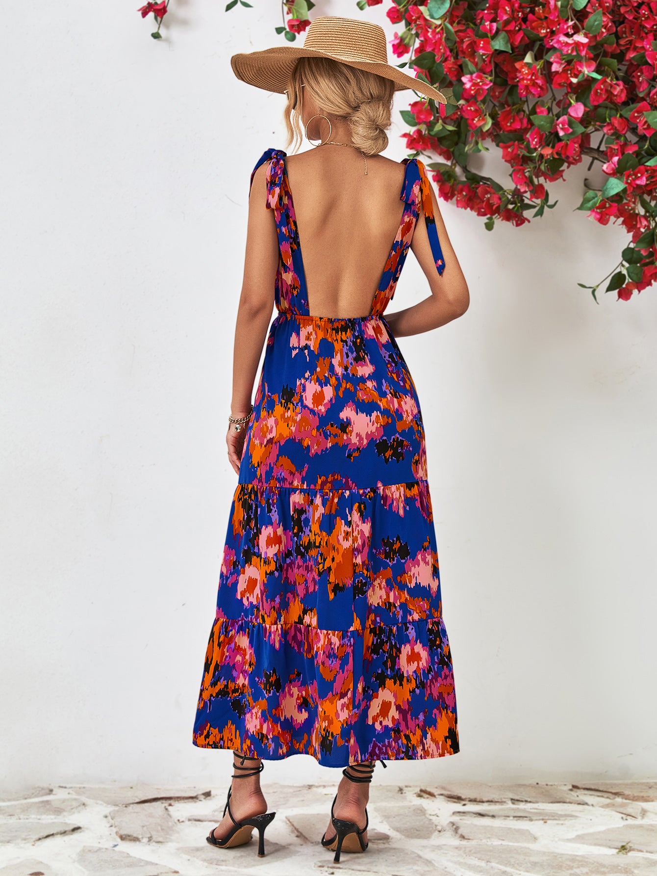 Honeybee Mumford's Multicolored V-Neck Backless Midi Dress