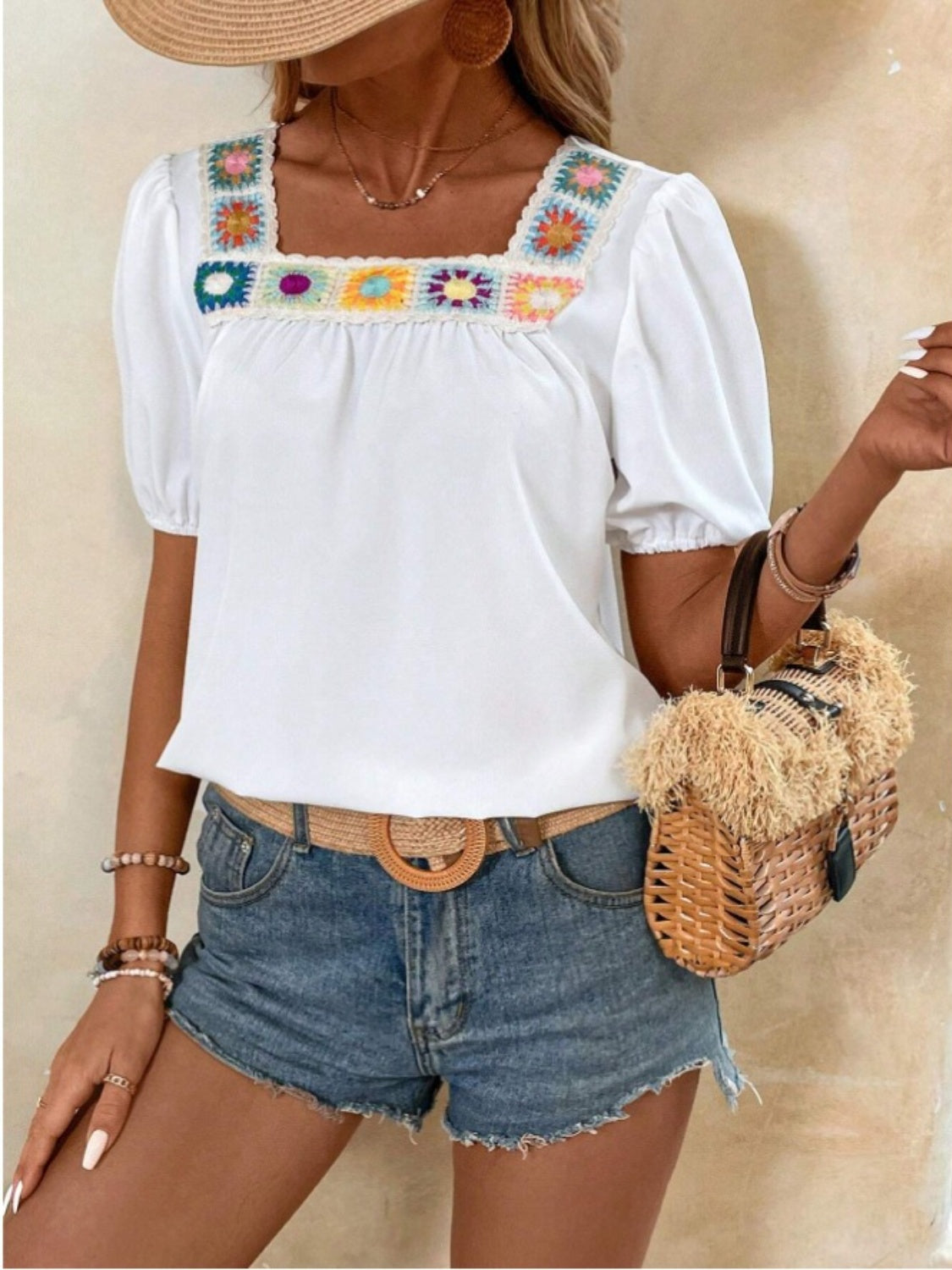 Honeybee Mumford's Crochet Square Neck Short Sleeve Blouse