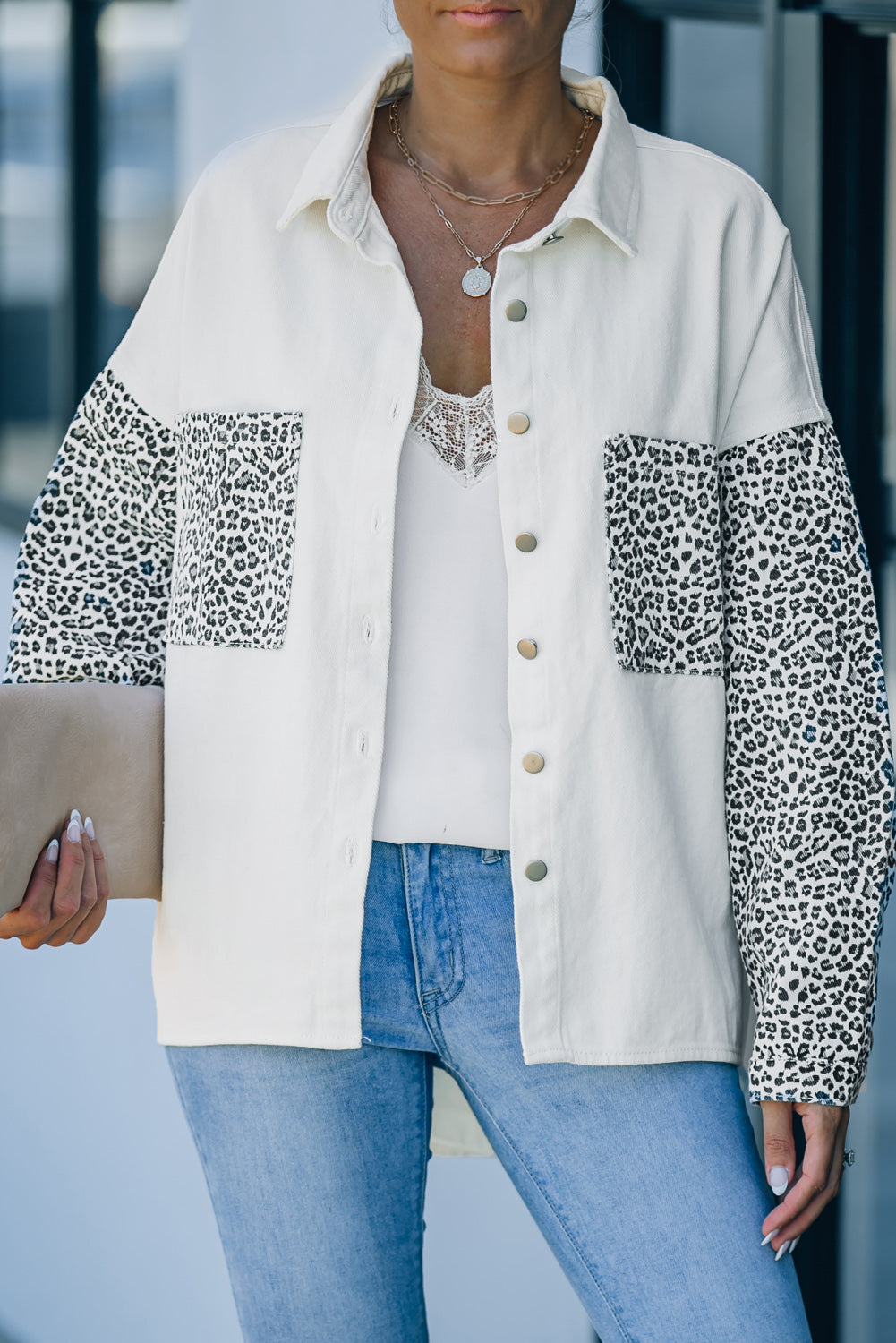 Honeybee Mumford's White Contrast Leopard Denim Jacket