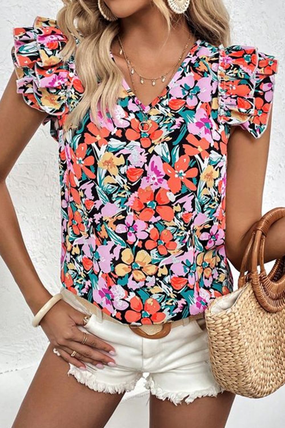 Honeybee Mumford's Ruffled Printed V-Neck Cap Sleeve Blouse