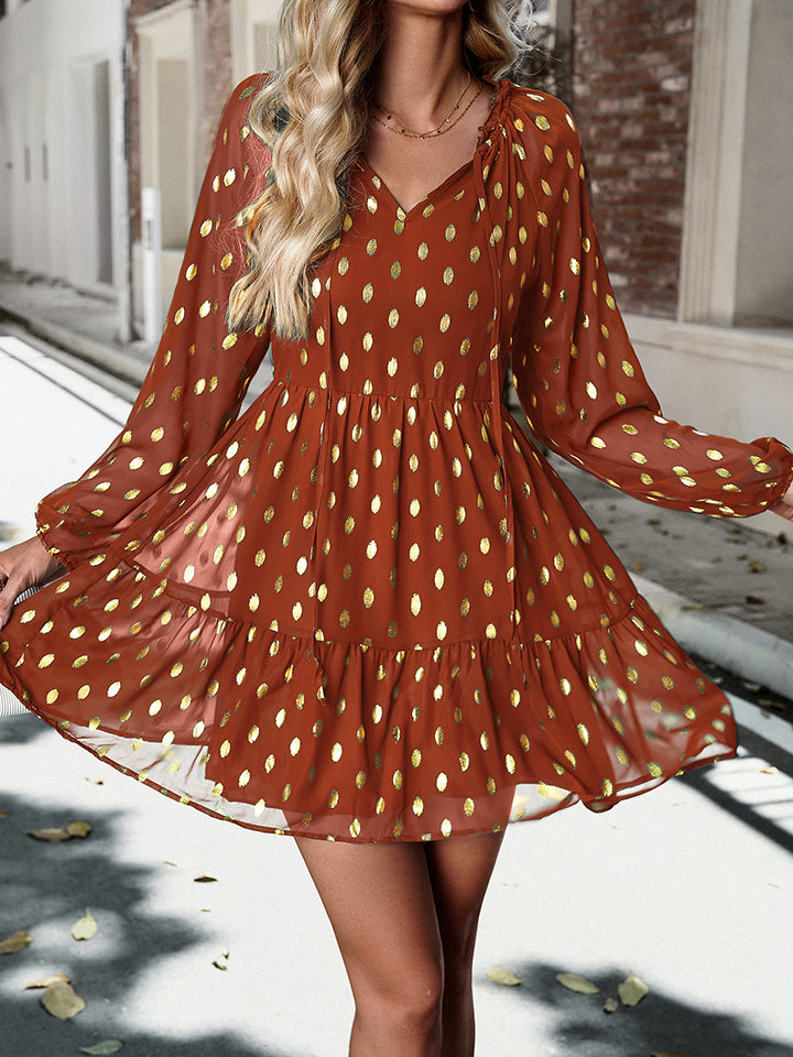 Honeybee Mumford's Tie Neck Long Sleeve Polka Dot short Dress