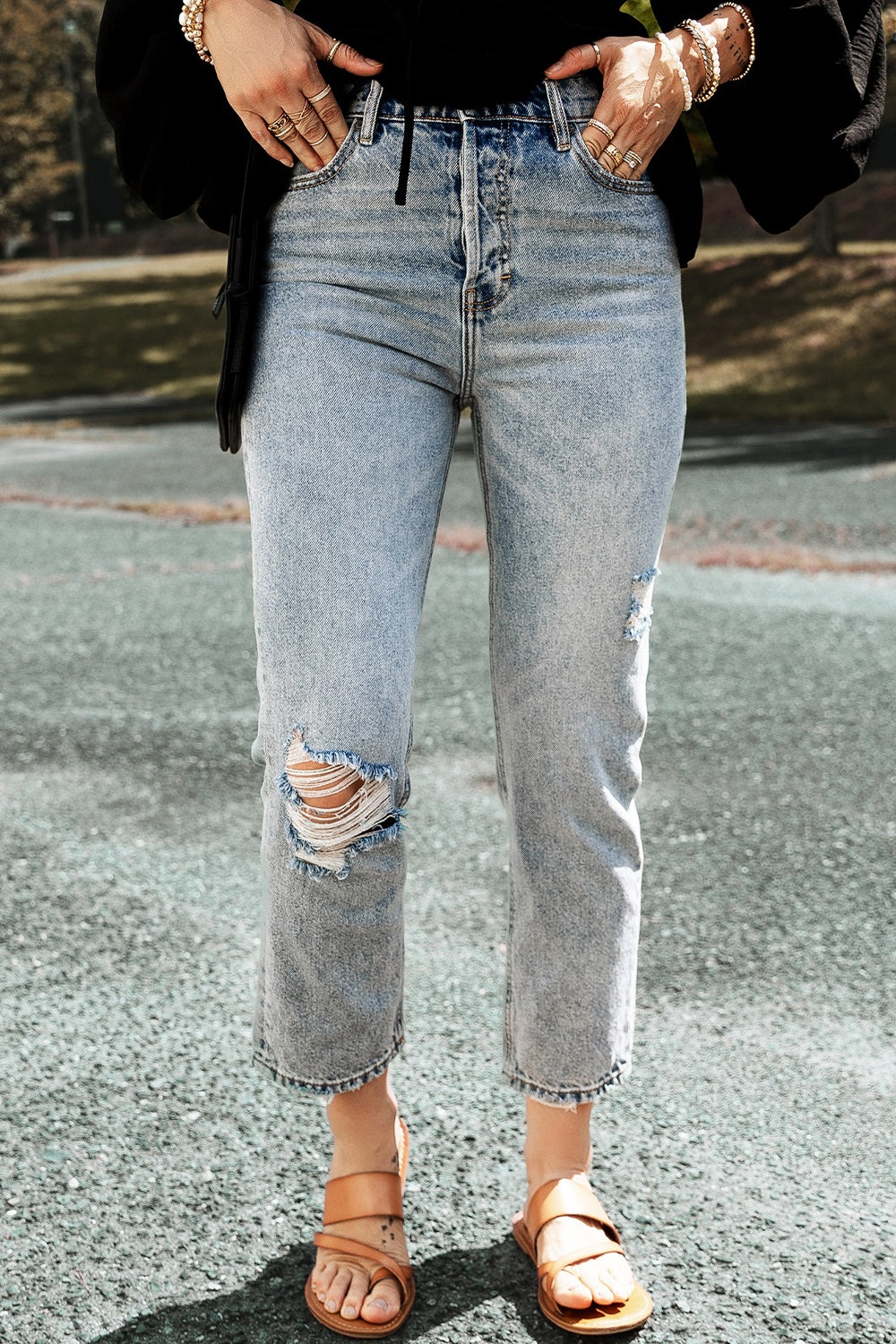 Honeybee Mumford's Distressed Straight Jeans with Pockets