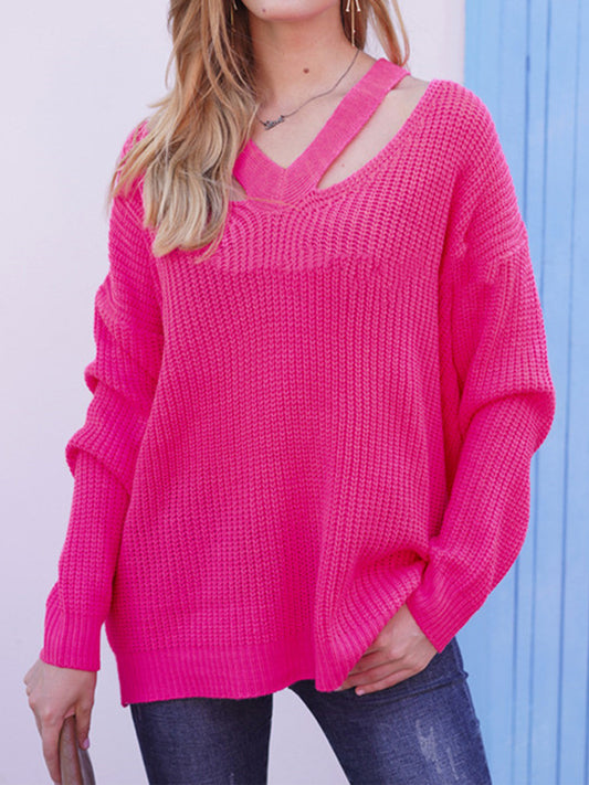 Honeybee Mumford's Full Size Cutout V-Neck Rib-Knit Sweater