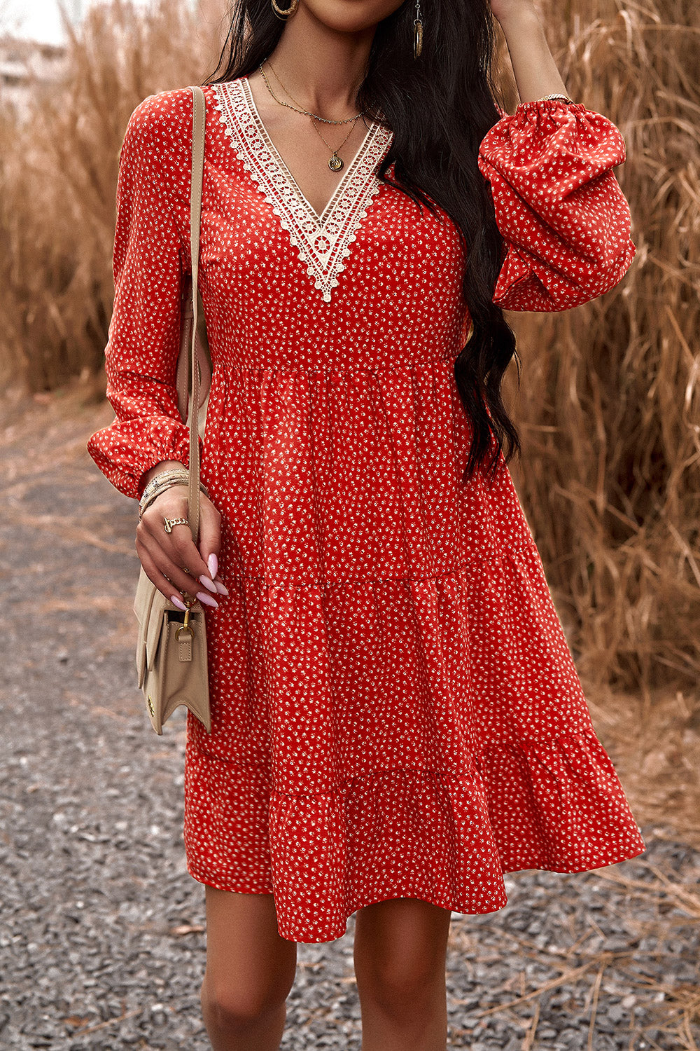 Honeybee Mumford's Lace Trim V-Neck Long Sleeve Dress