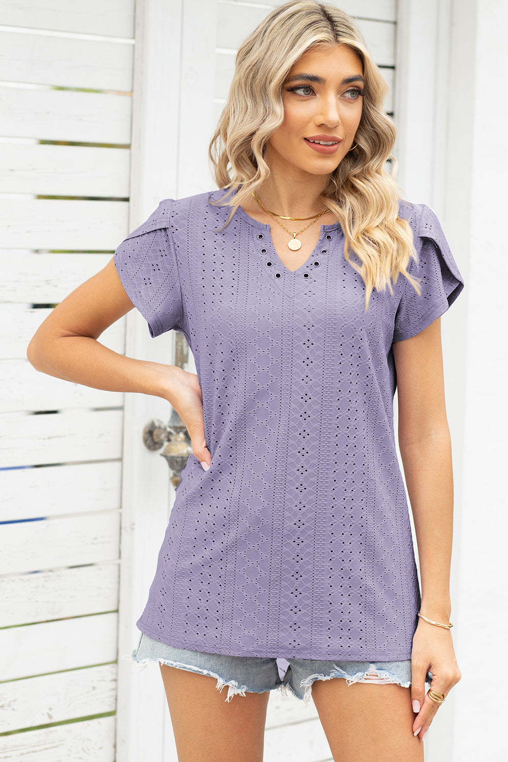 Honeybee Mumford's Eyelet Notched Petal Sleeve Blouse