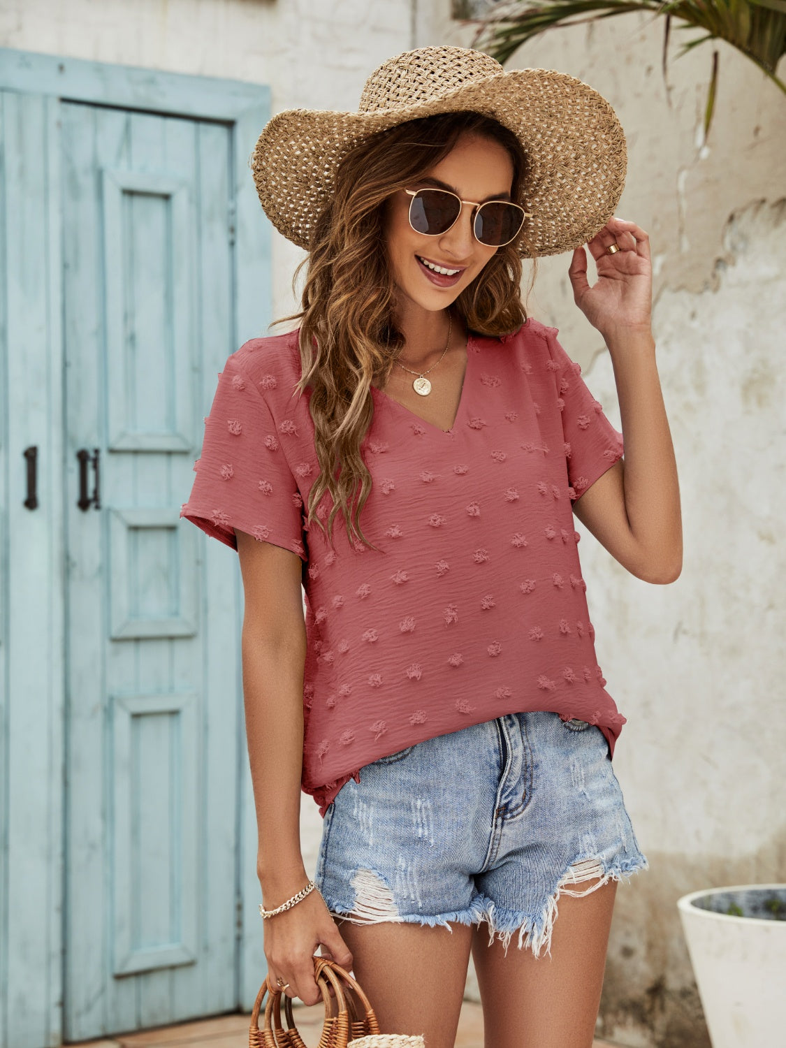 Honeybee Mumford's Swiss Dot V-Neck Short Sleeve Blouse